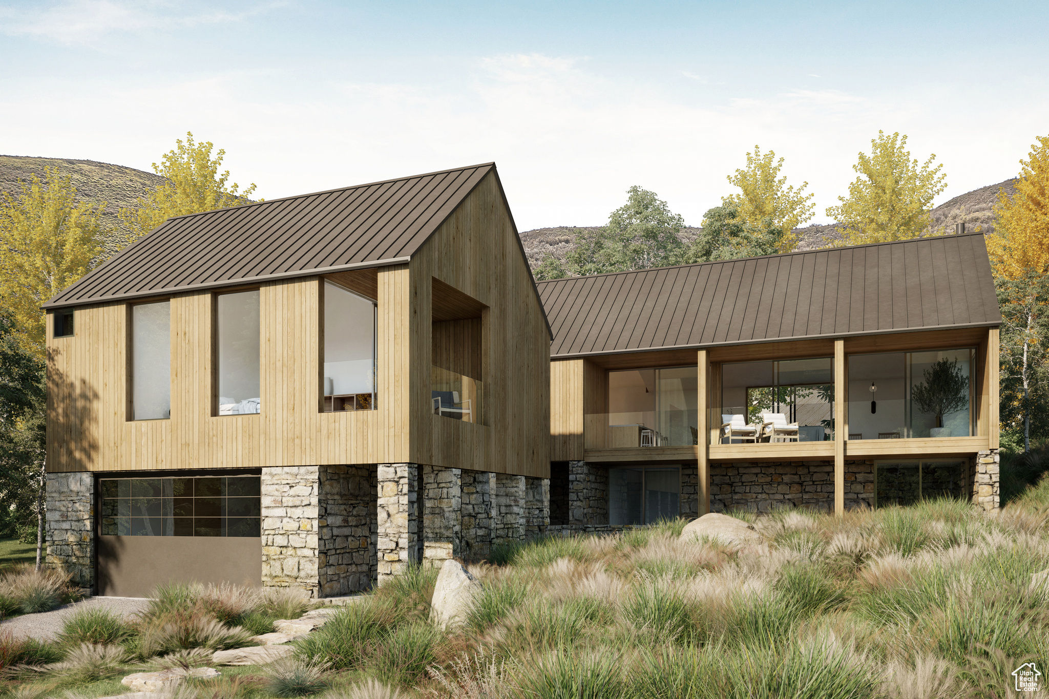 Rear view of property with a mountain view