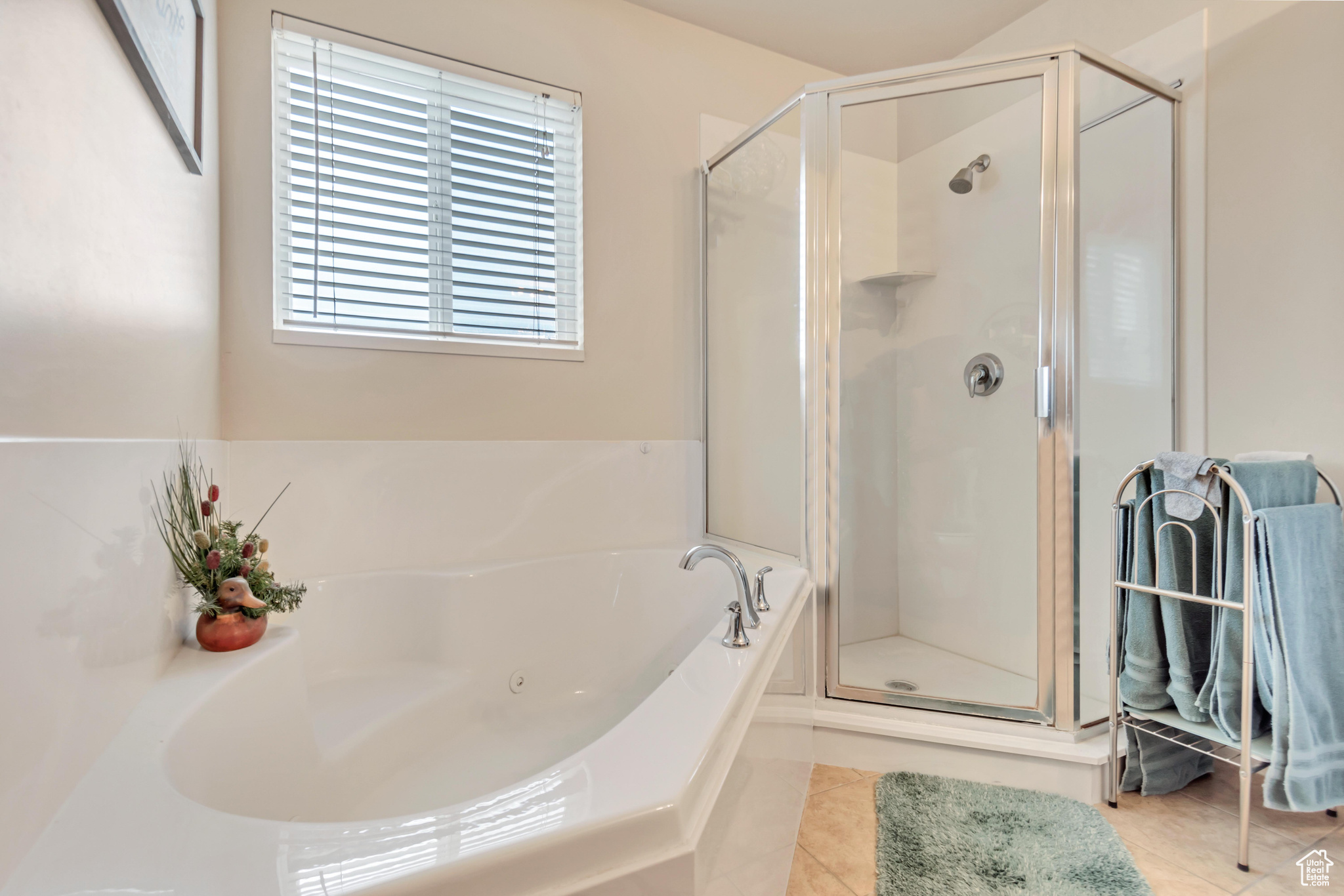 Master bathroom featuring shower with separate jetted bathtub