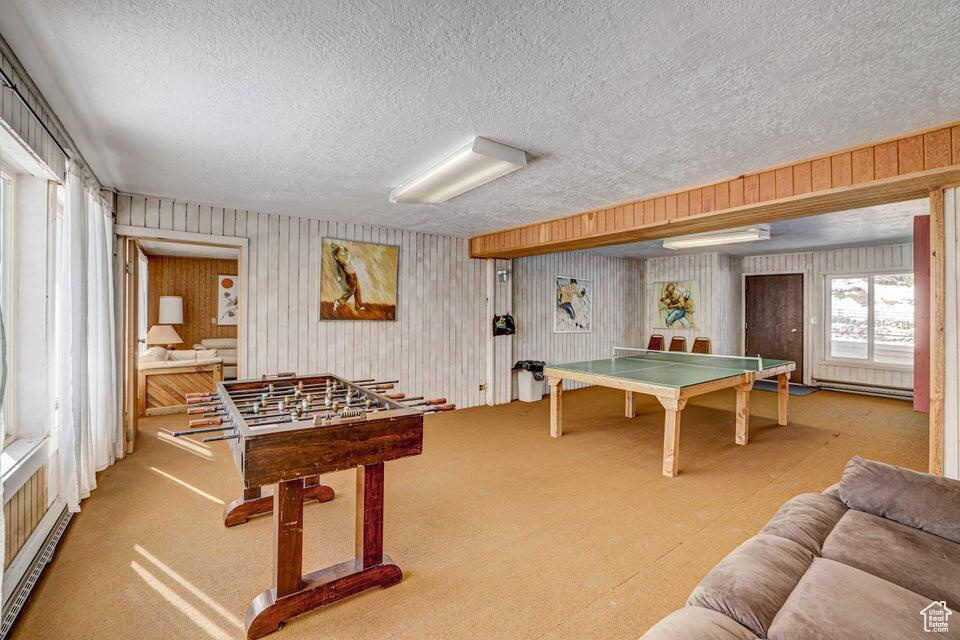 Playroom featuring carpet flooring, a textured ceiling, and baseboard heating