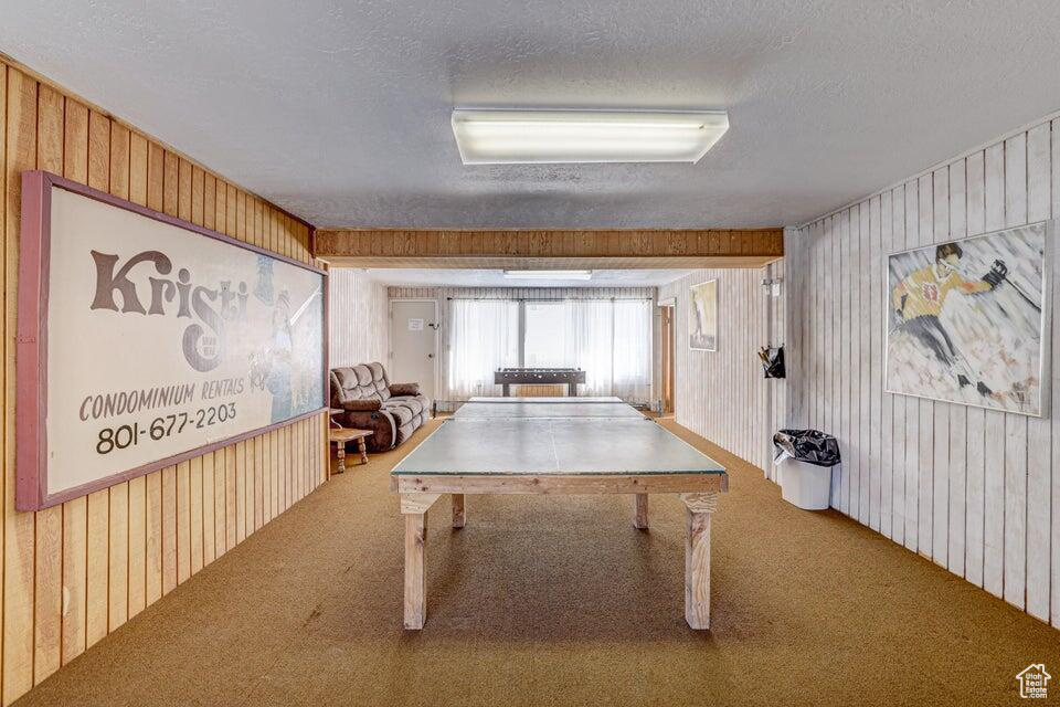 Rec room featuring wooden walls, carpet, and a textured ceiling