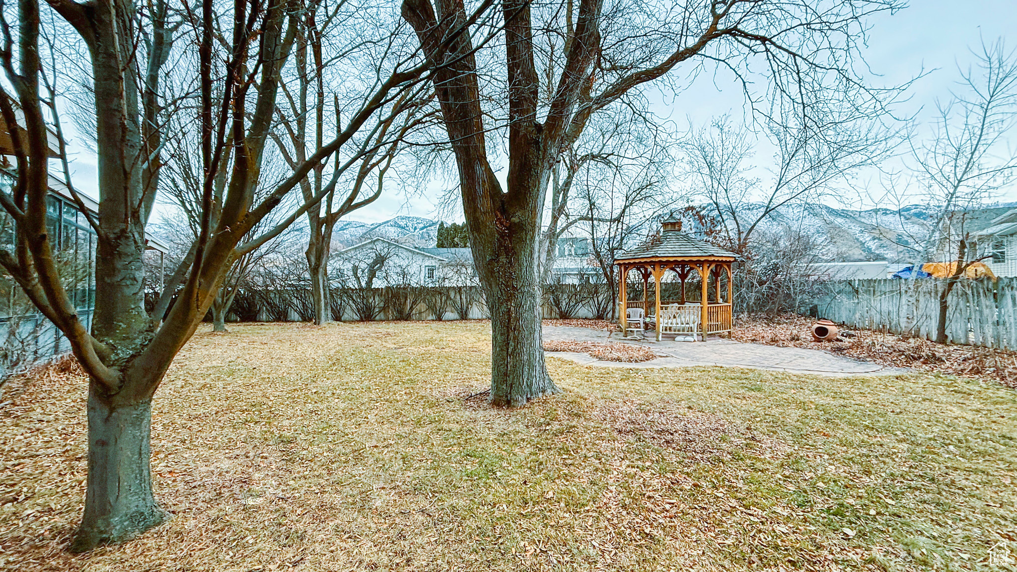 View of yard with a gazebo and a mountain view