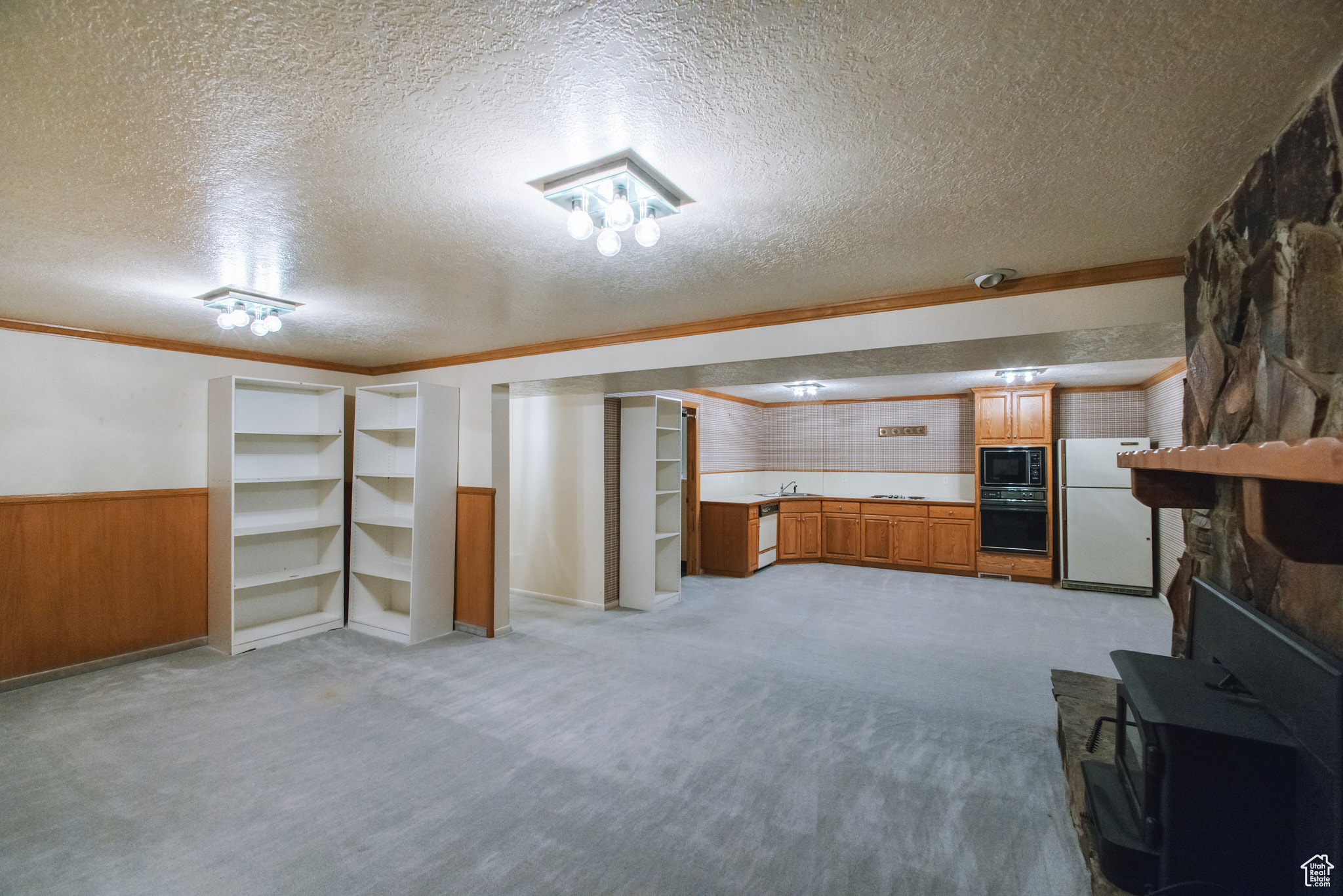 Basement featuring light carpet, wooden walls, a textured ceiling, and white refrigerator