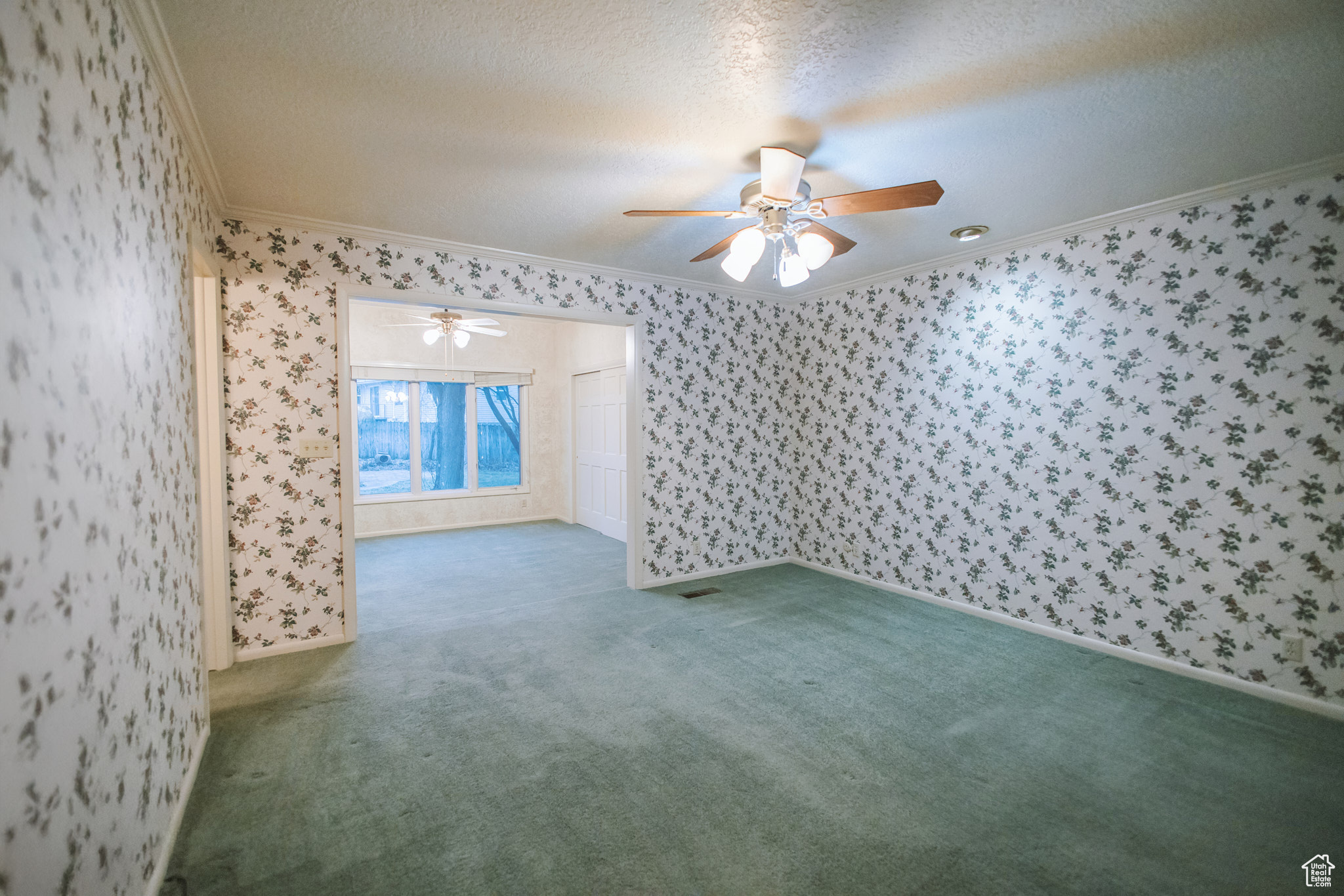 Carpeted empty room featuring ceiling fan, ornamental molding, and a textured ceiling