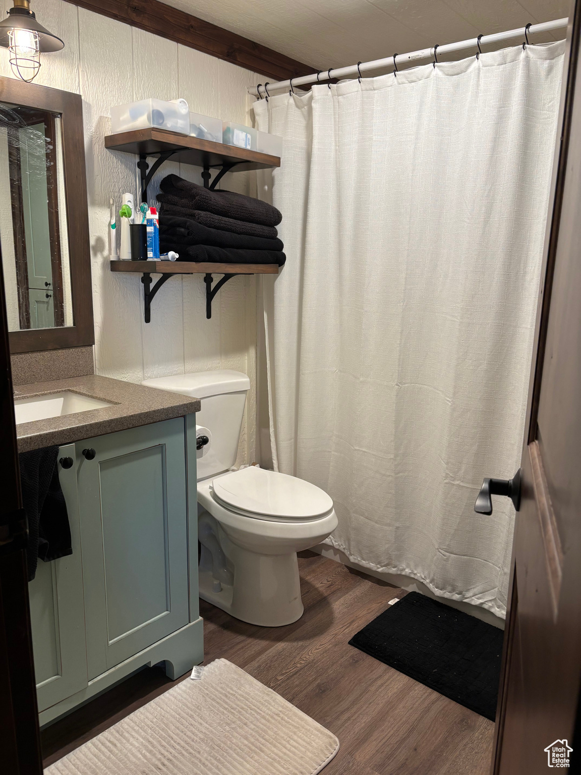 Bathroom featuring vanity, curtained shower, wood-type flooring, and toilet