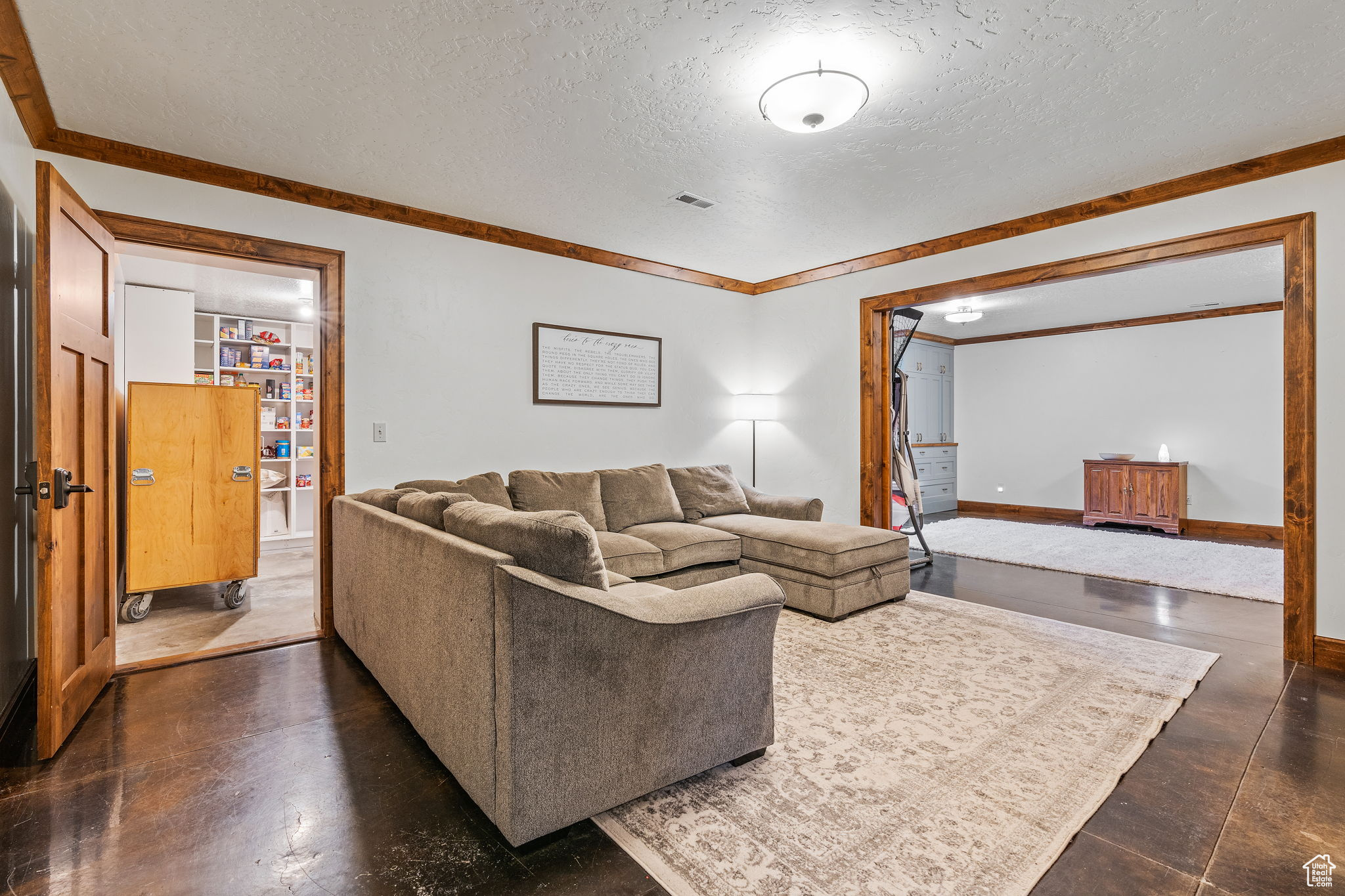 Living room with crown molding and a textured ceiling