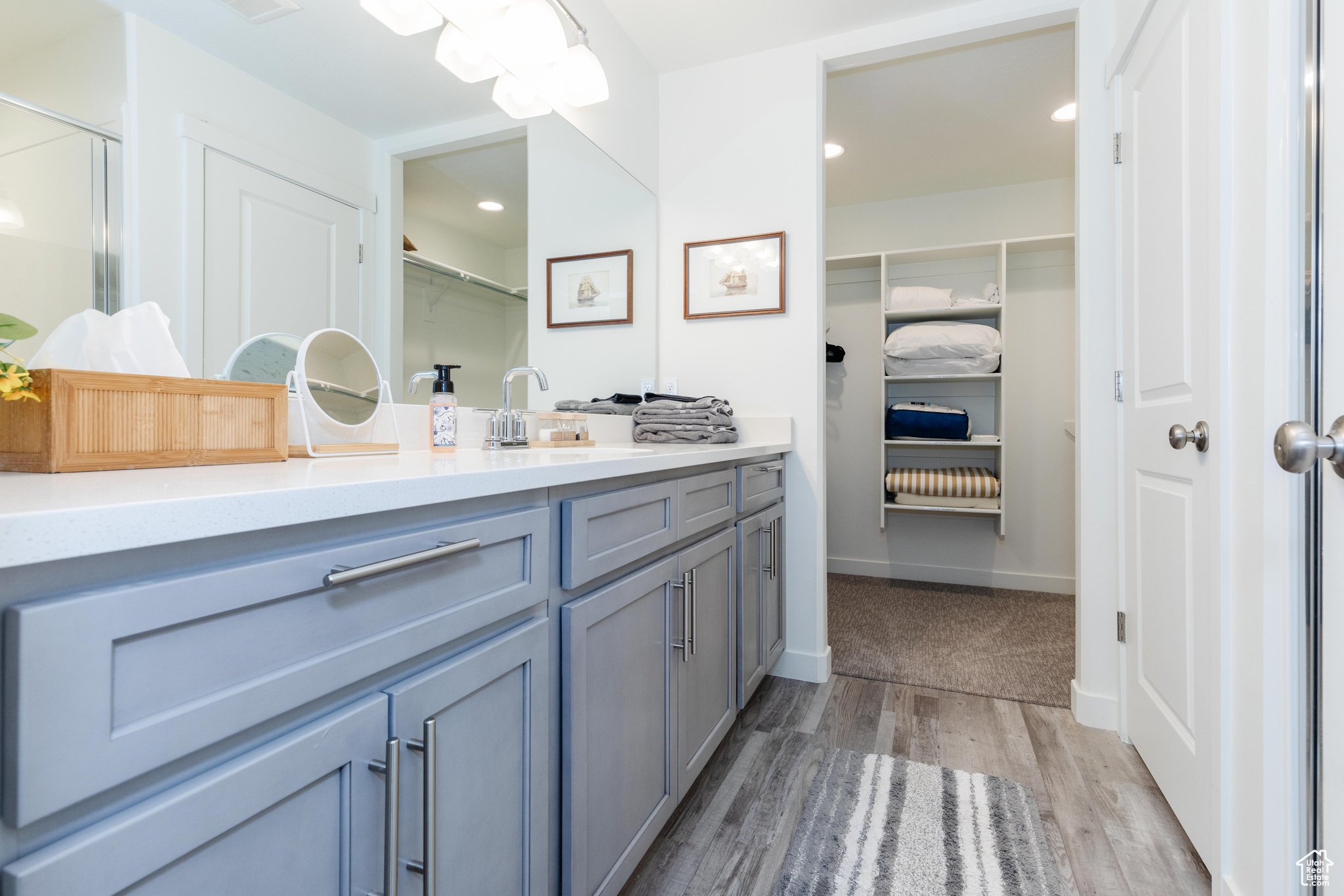 Bathroom featuring vanity and hardwood / wood-style floors