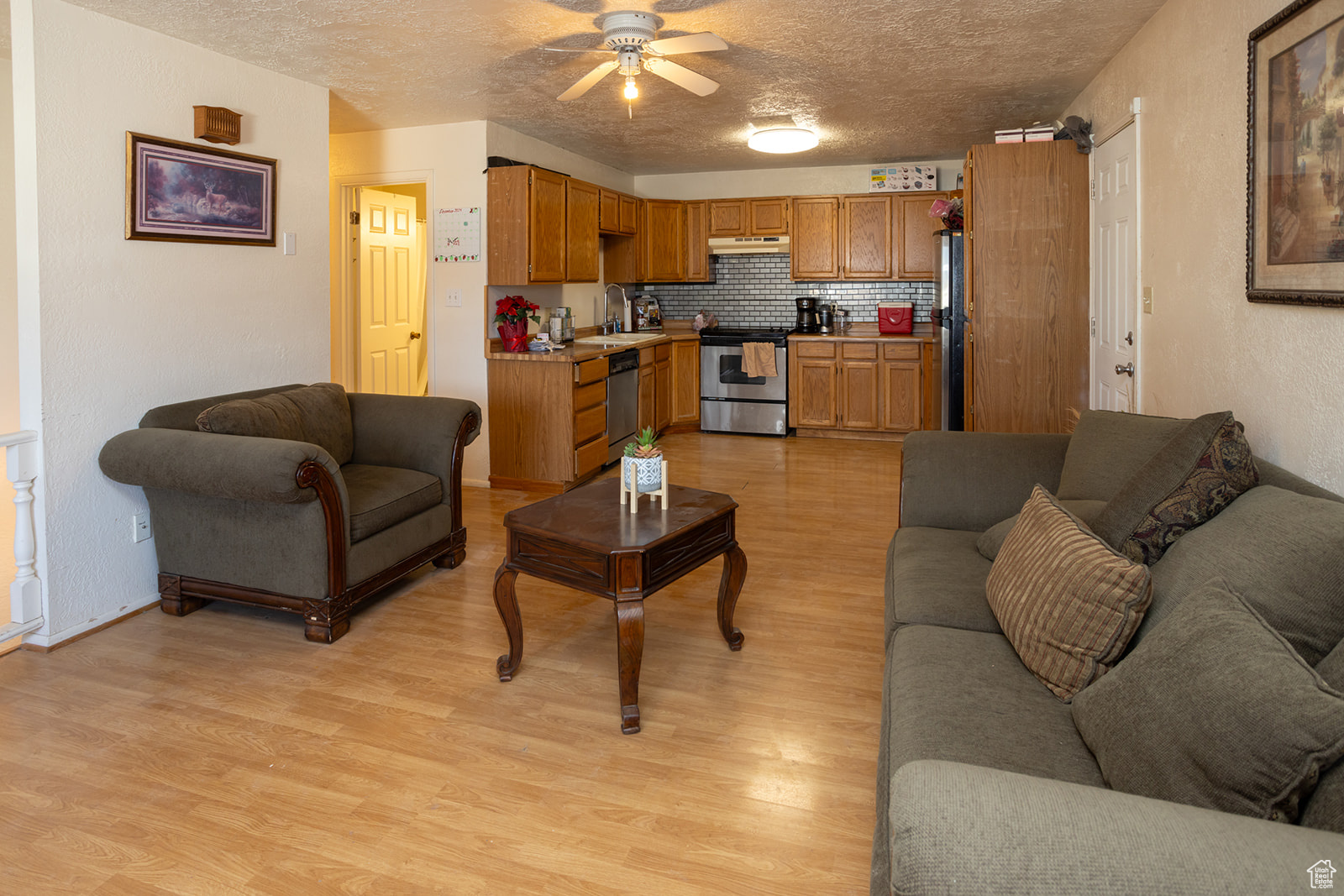 Living room featuring sink, a textured ceiling, and light wood-type flooring