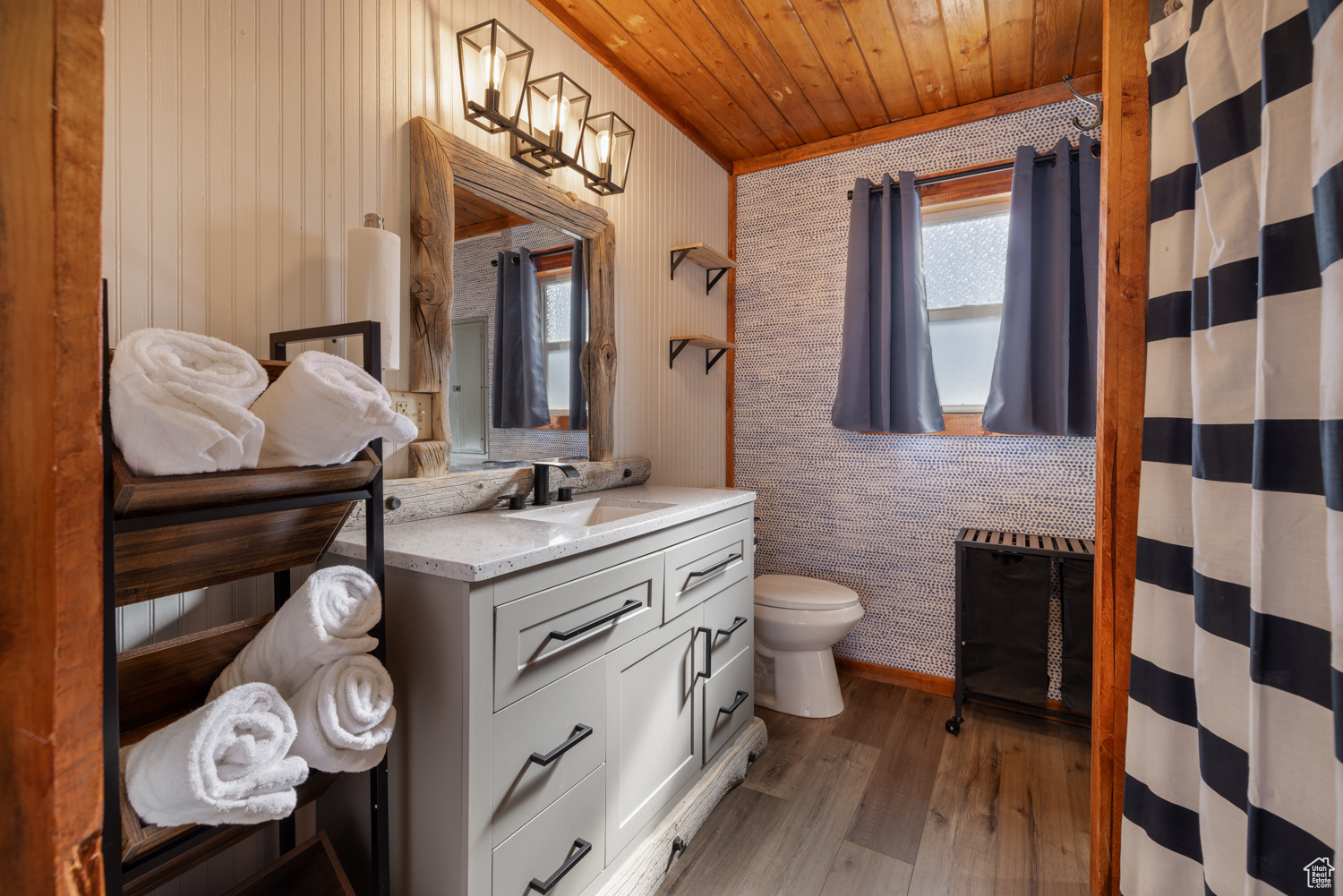 Bathroom featuring vanity, wood ceiling, wood-type flooring, and toilet