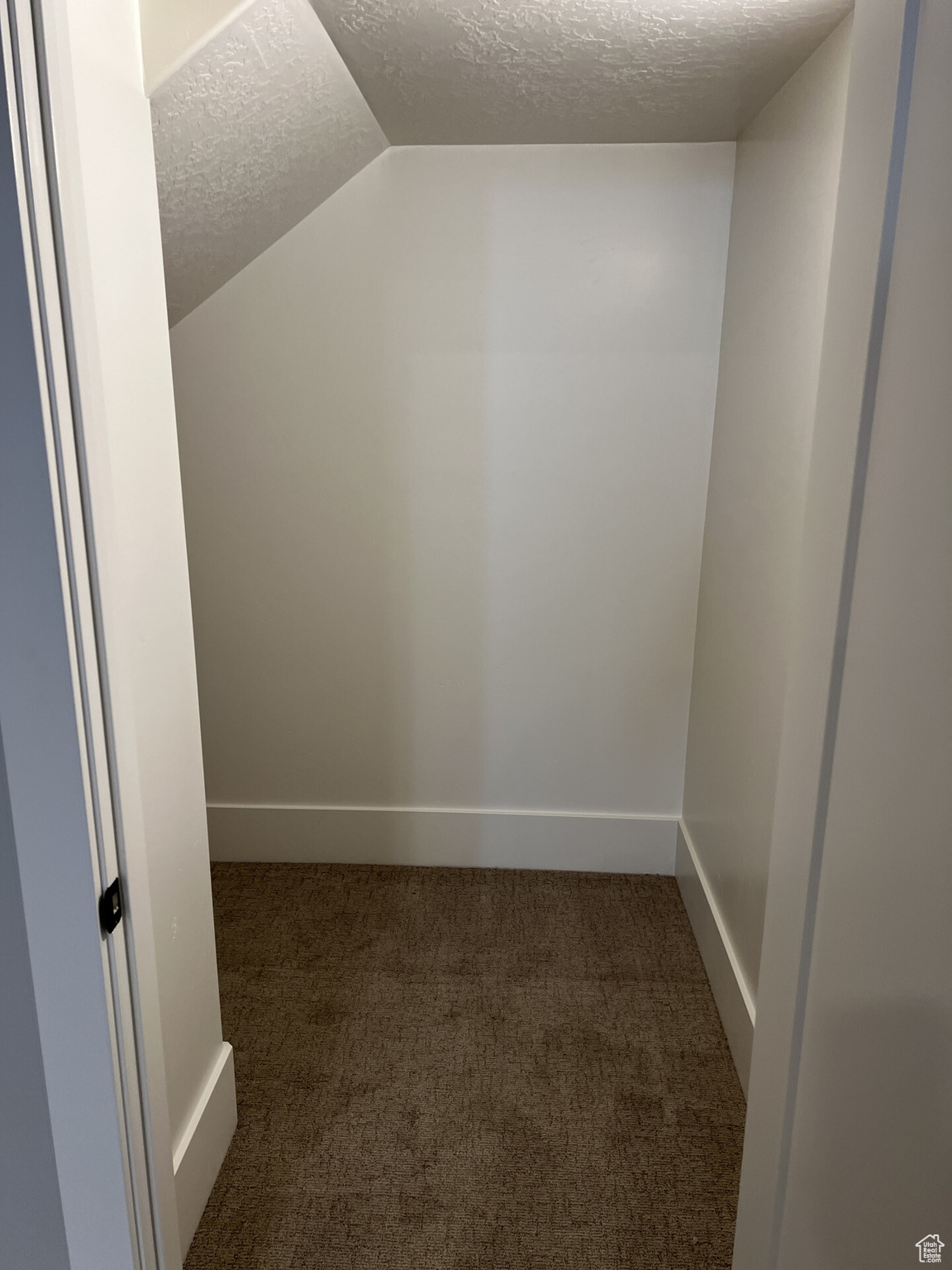 Interior space featuring dark colored carpet and vaulted ceiling