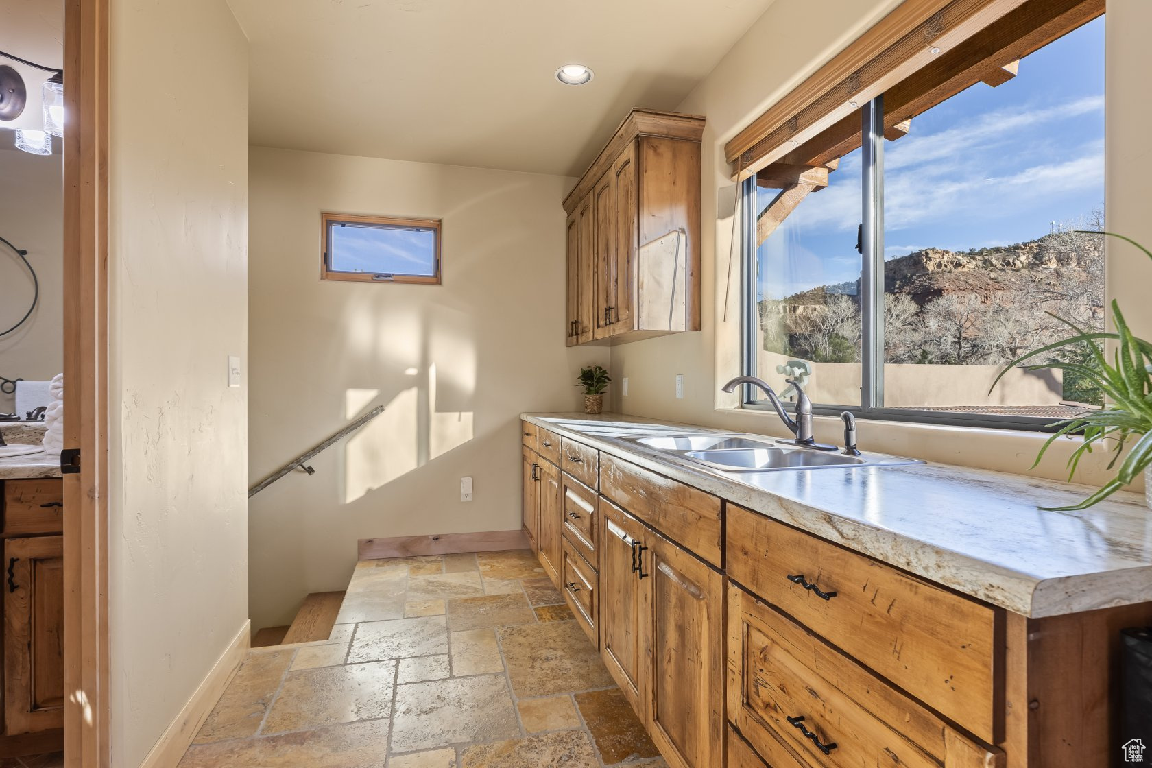 Kitchen featuring a mountain view and sink