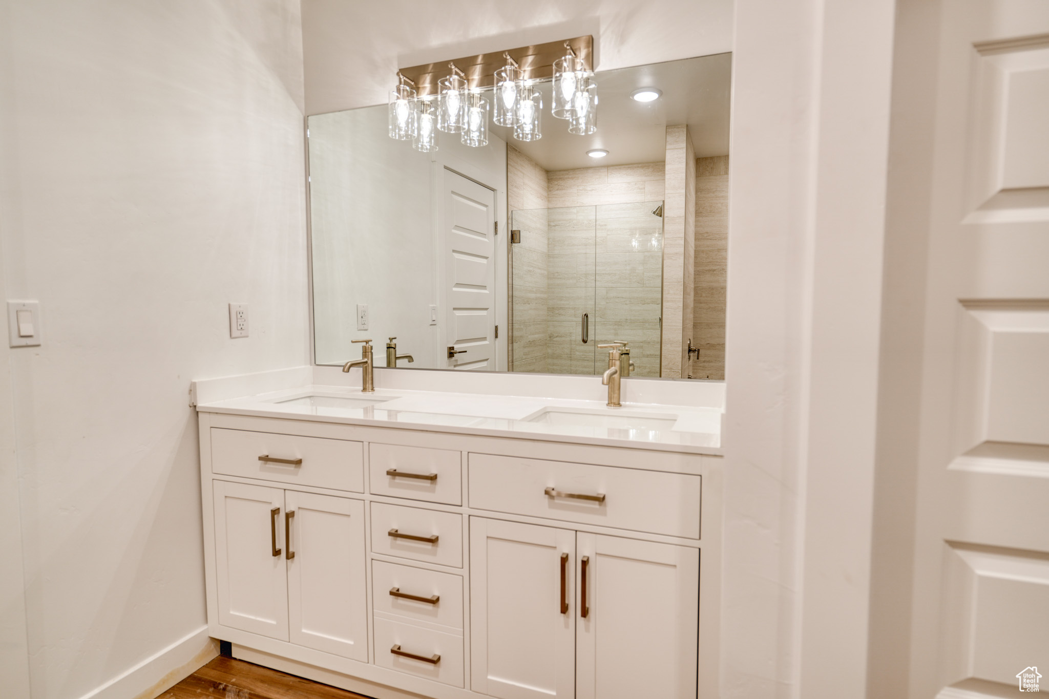 Bathroom with hardwood / wood-style flooring, vanity, and a shower with shower door