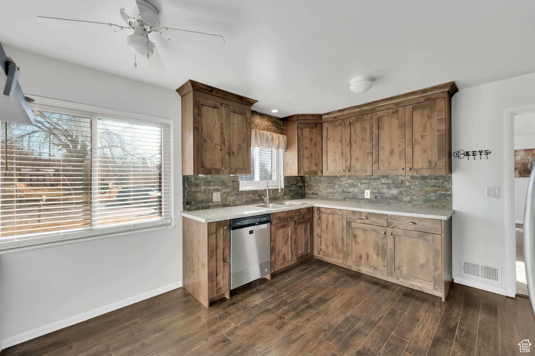 Kitchen featuring sink, backsplash, dark hardwood / wood-style floors, and dishwasher