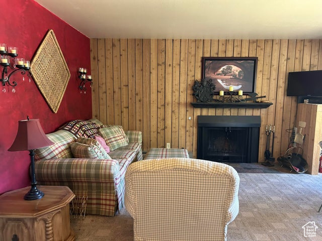Living room featuring wood walls, carpet flooring and fireplace