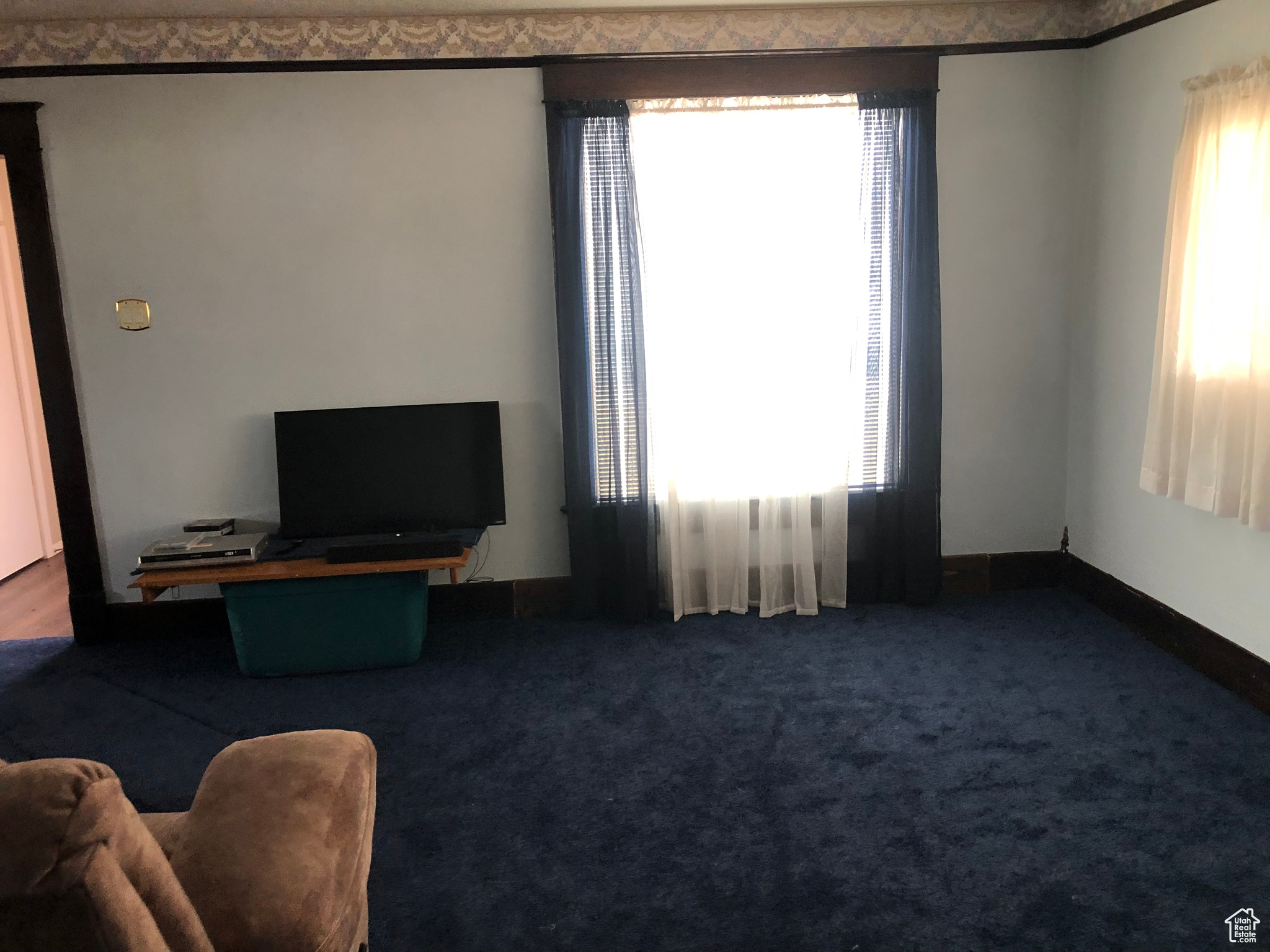 Living room with a healthy amount of sunlight and carpet flooring