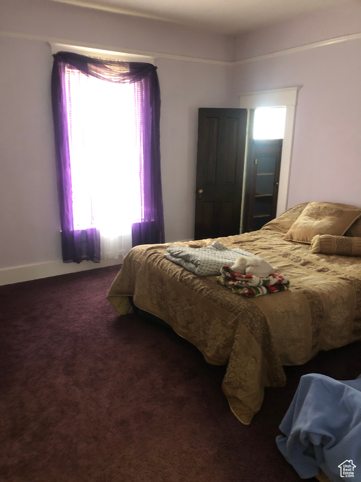 Bedroom featuring dark colored carpet