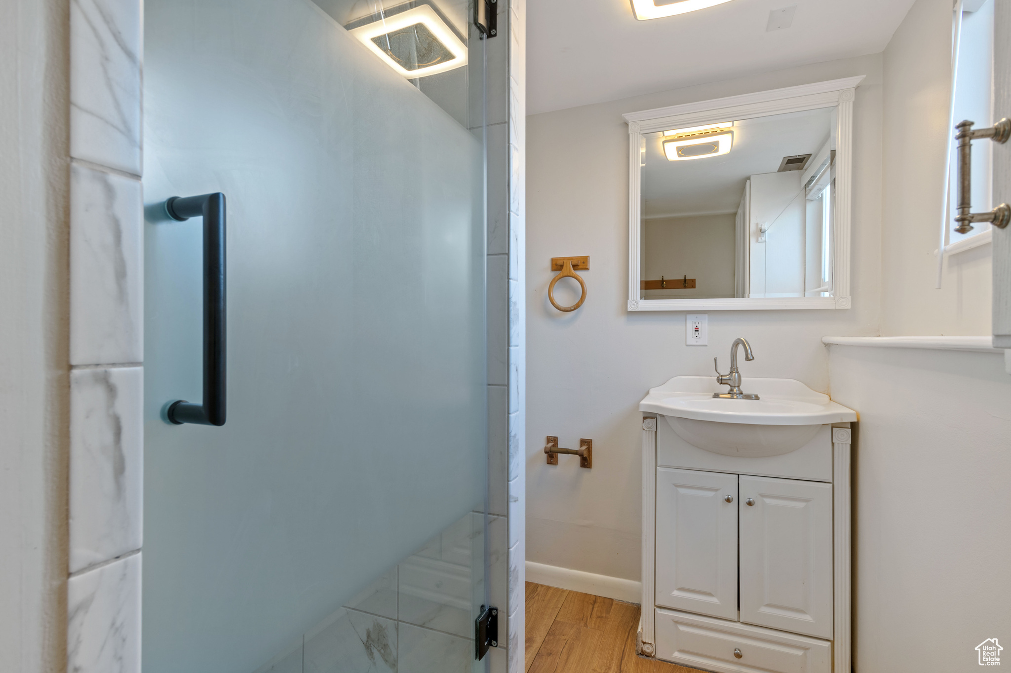 Bathroom featuring a shower with door, vanity, and wood-type flooring