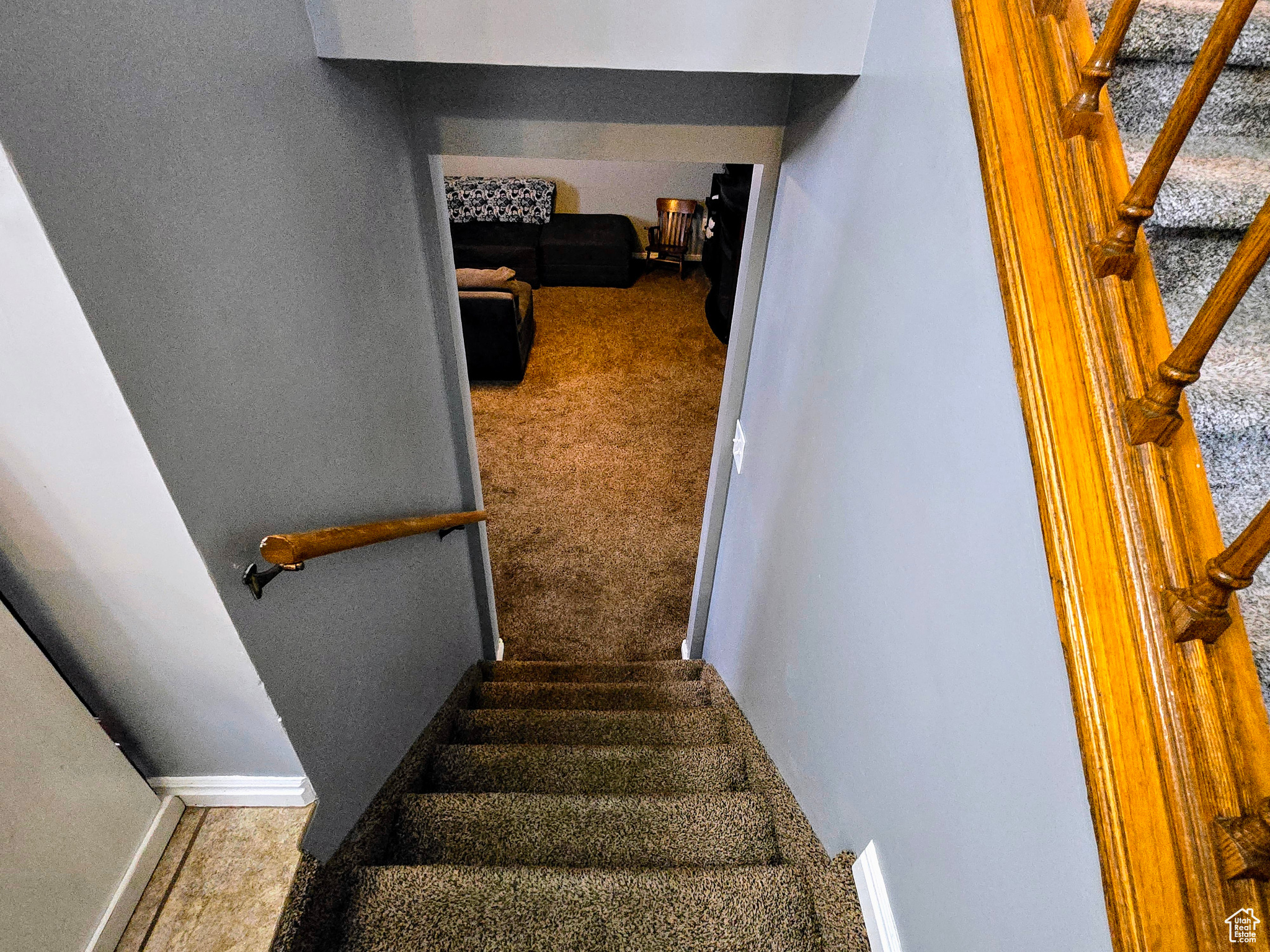 Staircase featuring carpet