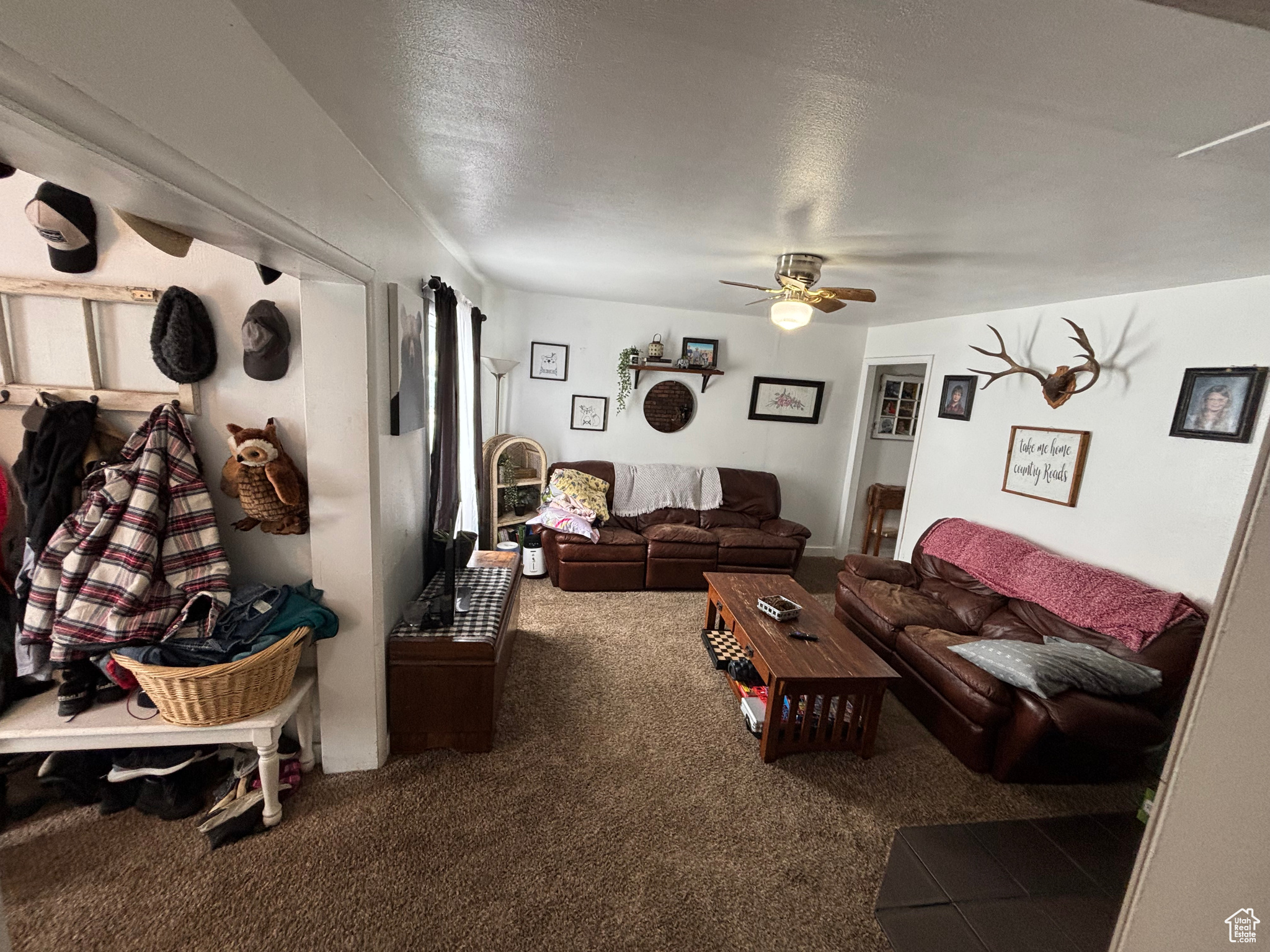 Carpeted living room featuring ceiling fan and a textured ceiling