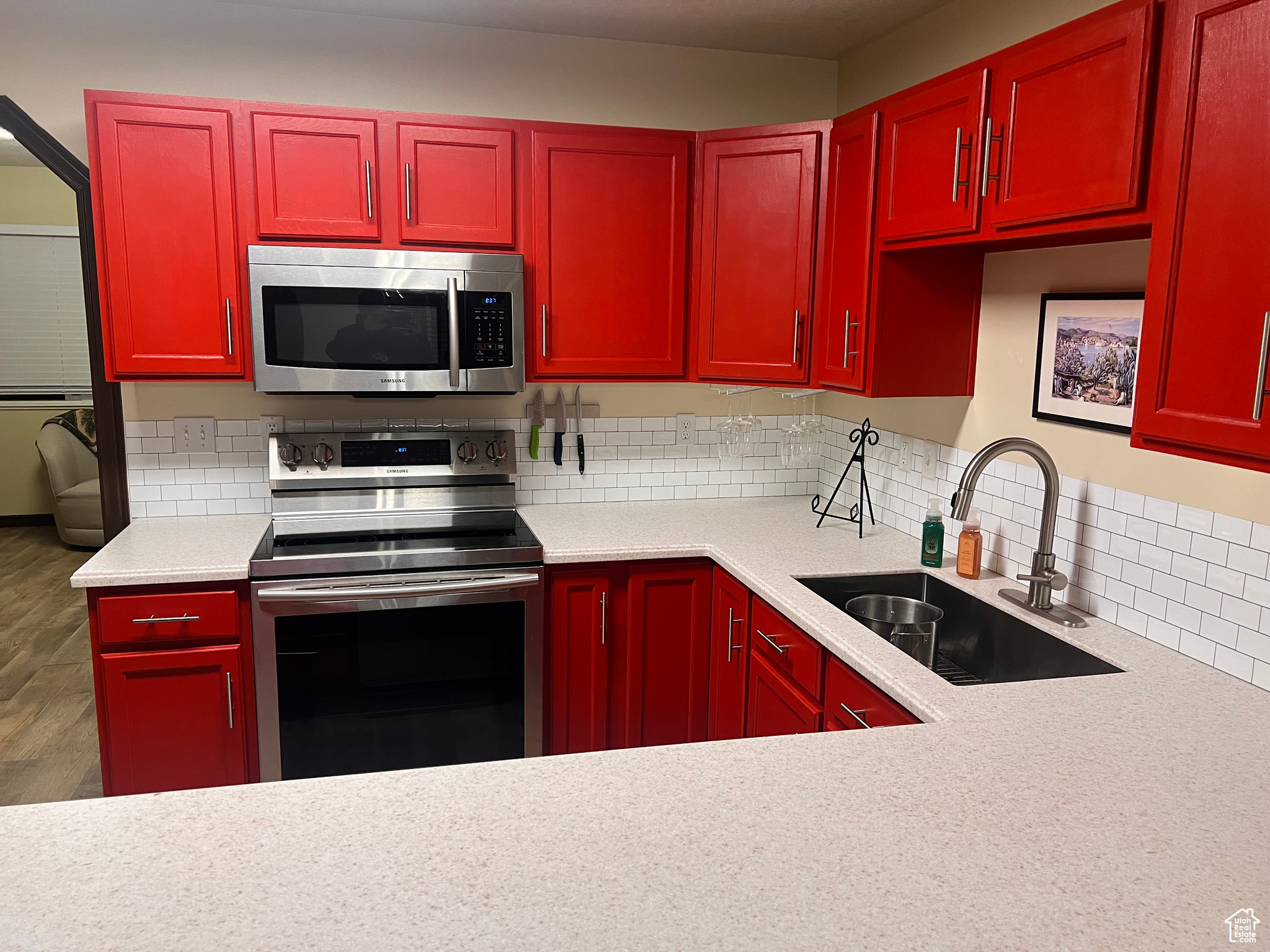 Kitchen with sink, decorative backsplash, wood-type flooring, and stainless steel appliances