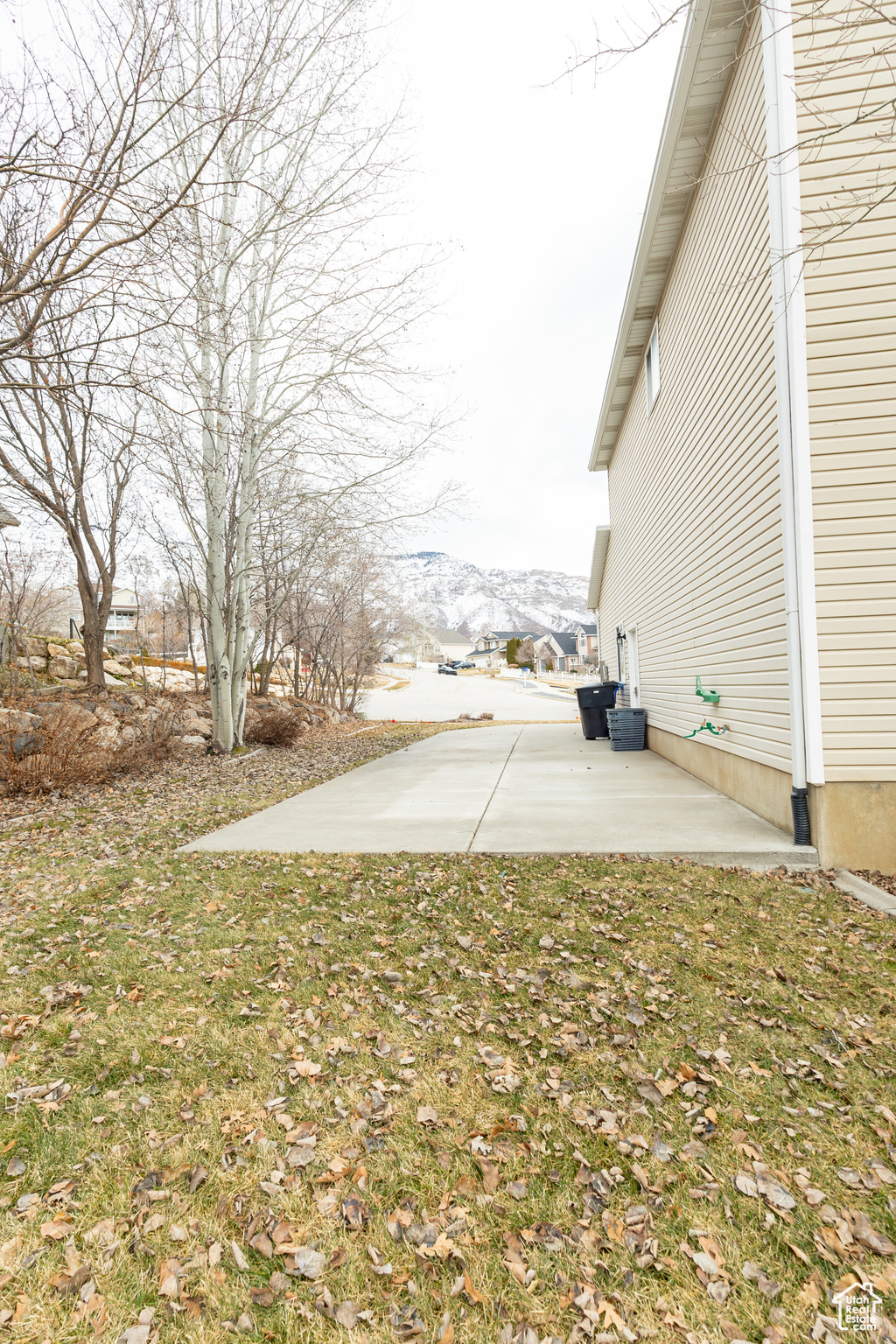 View of yard with a mountain view and a patio area