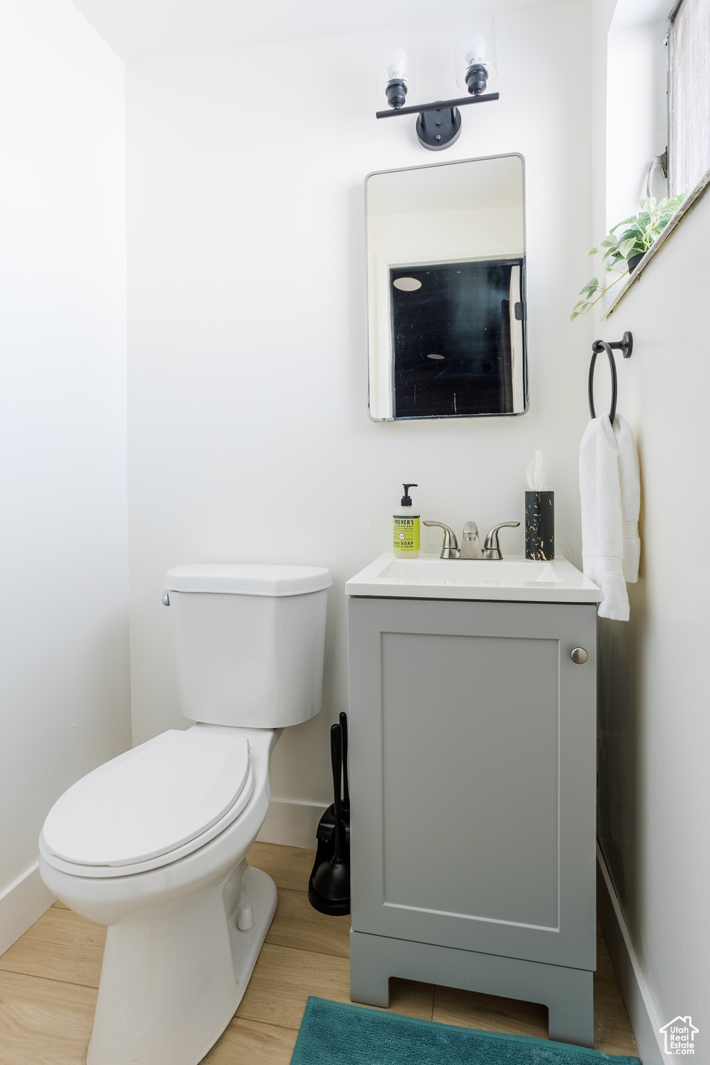 Bathroom with vanity, toilet, and wood-type flooring