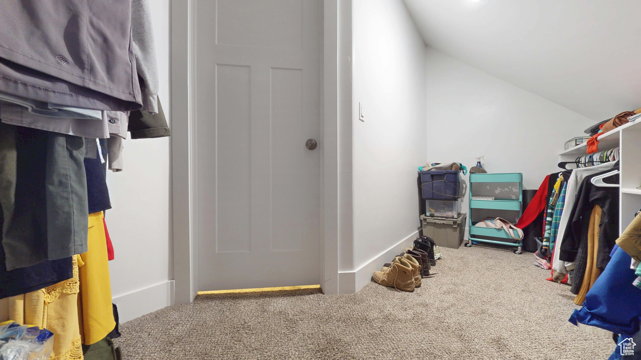 Walk in closet featuring lofted ceiling and carpet floors