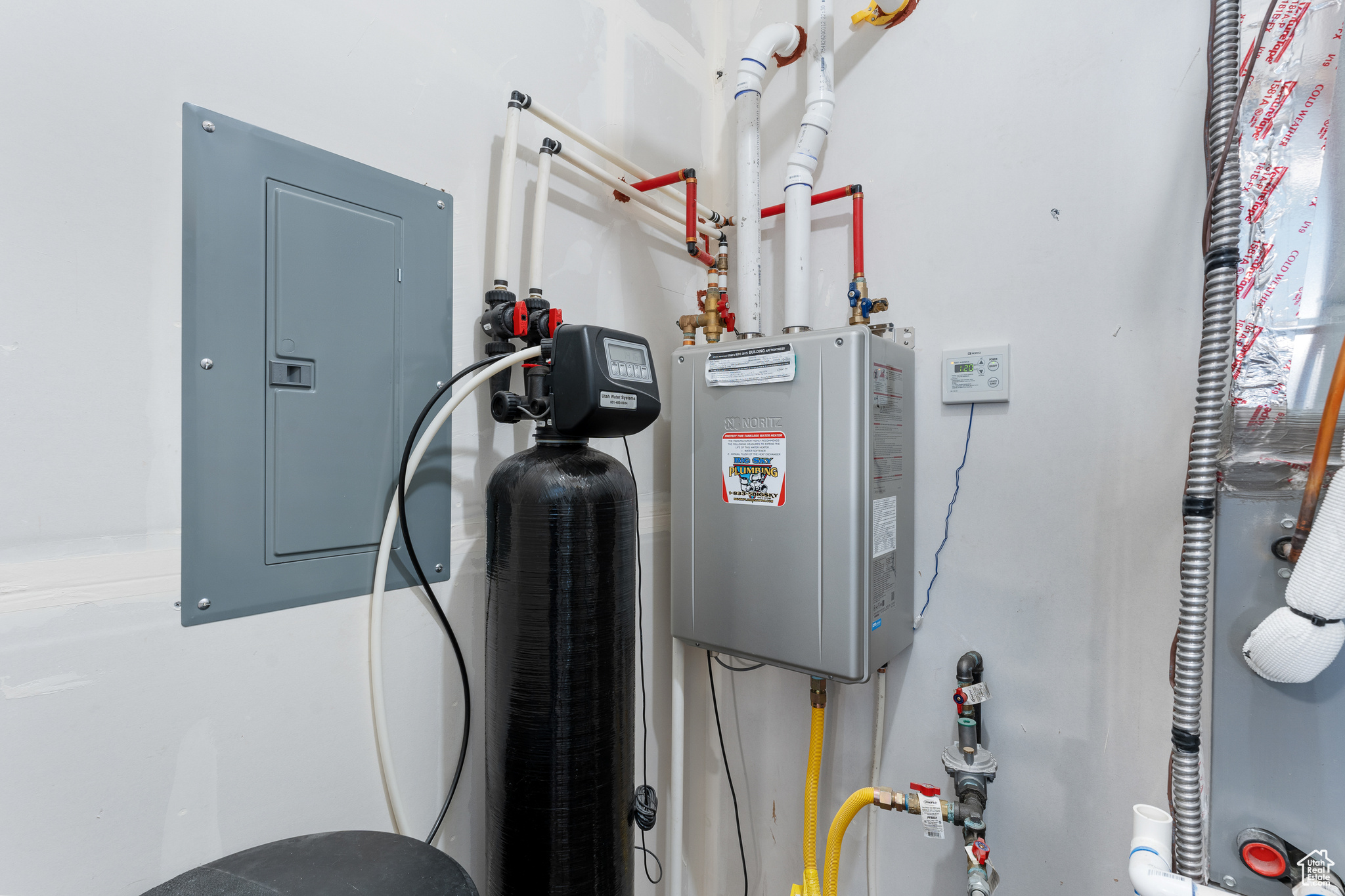 Utility room with electric panel and tankless water heater