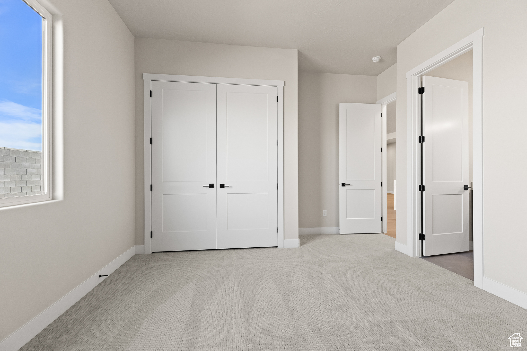 Unfurnished bedroom with multiple windows, baseboards, a closet, and light carpet