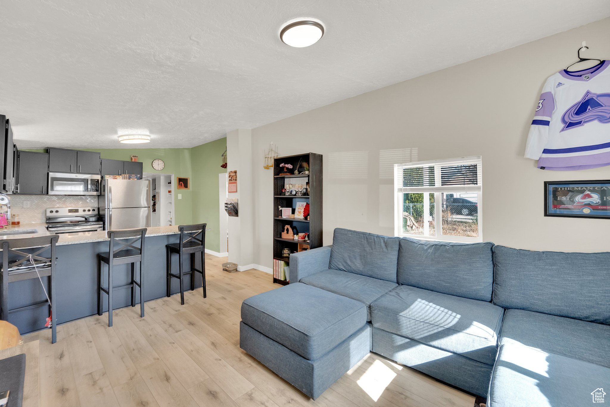 Living room with light hardwood / wood-style flooring