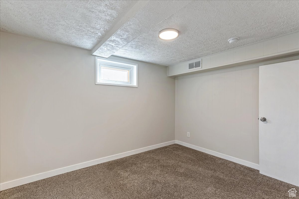 Basement featuring carpet floors and a textured ceiling