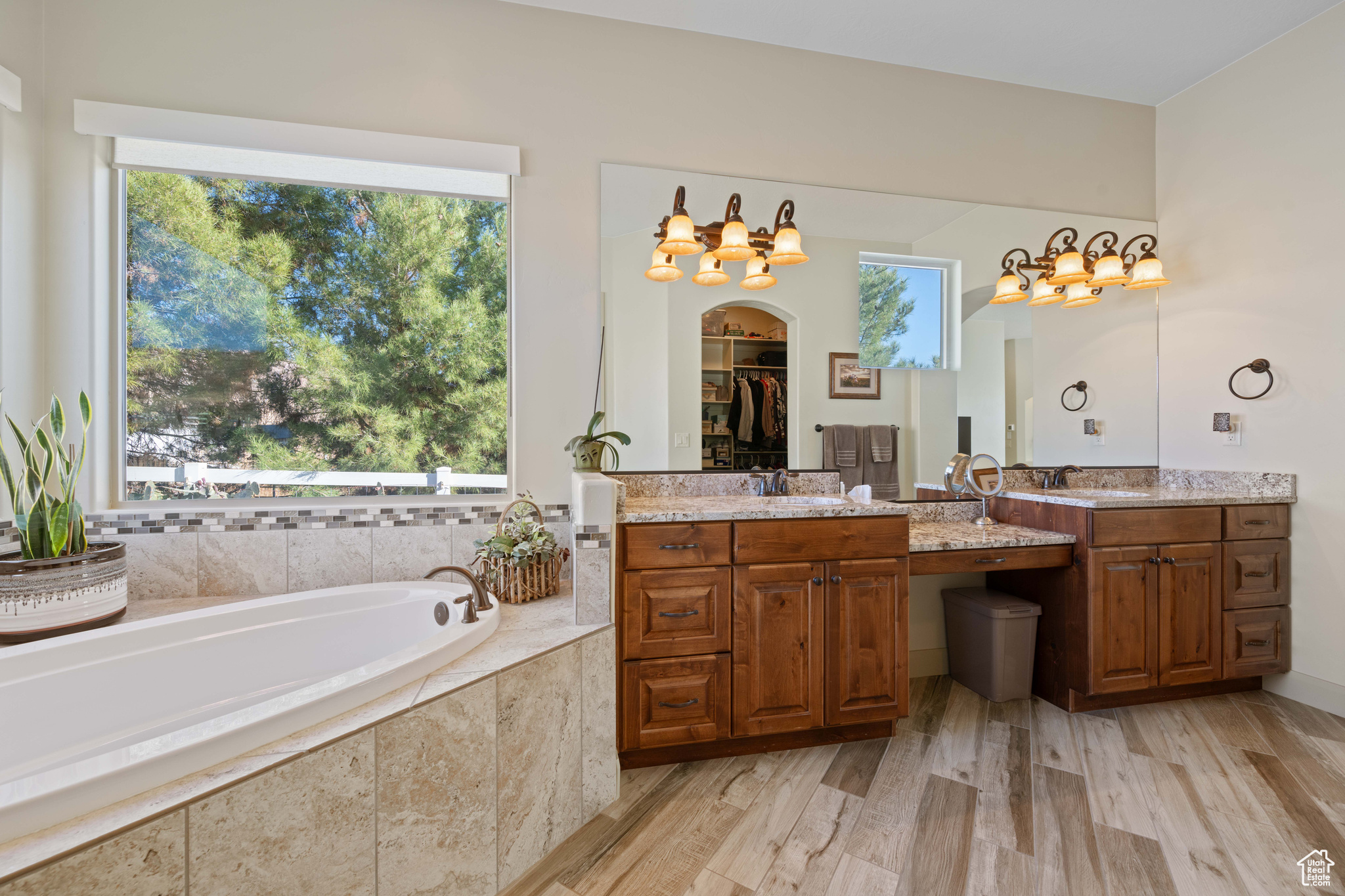Bathroom featuring vanity, hardwood / wood-style floors, and tiled tub