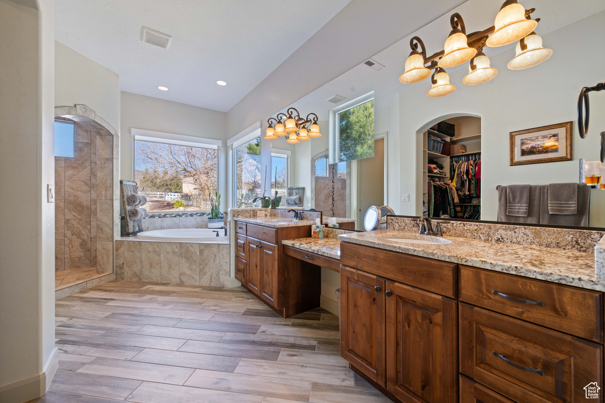 Bathroom with vanity, hardwood / wood-style floors, and plus walk in shower