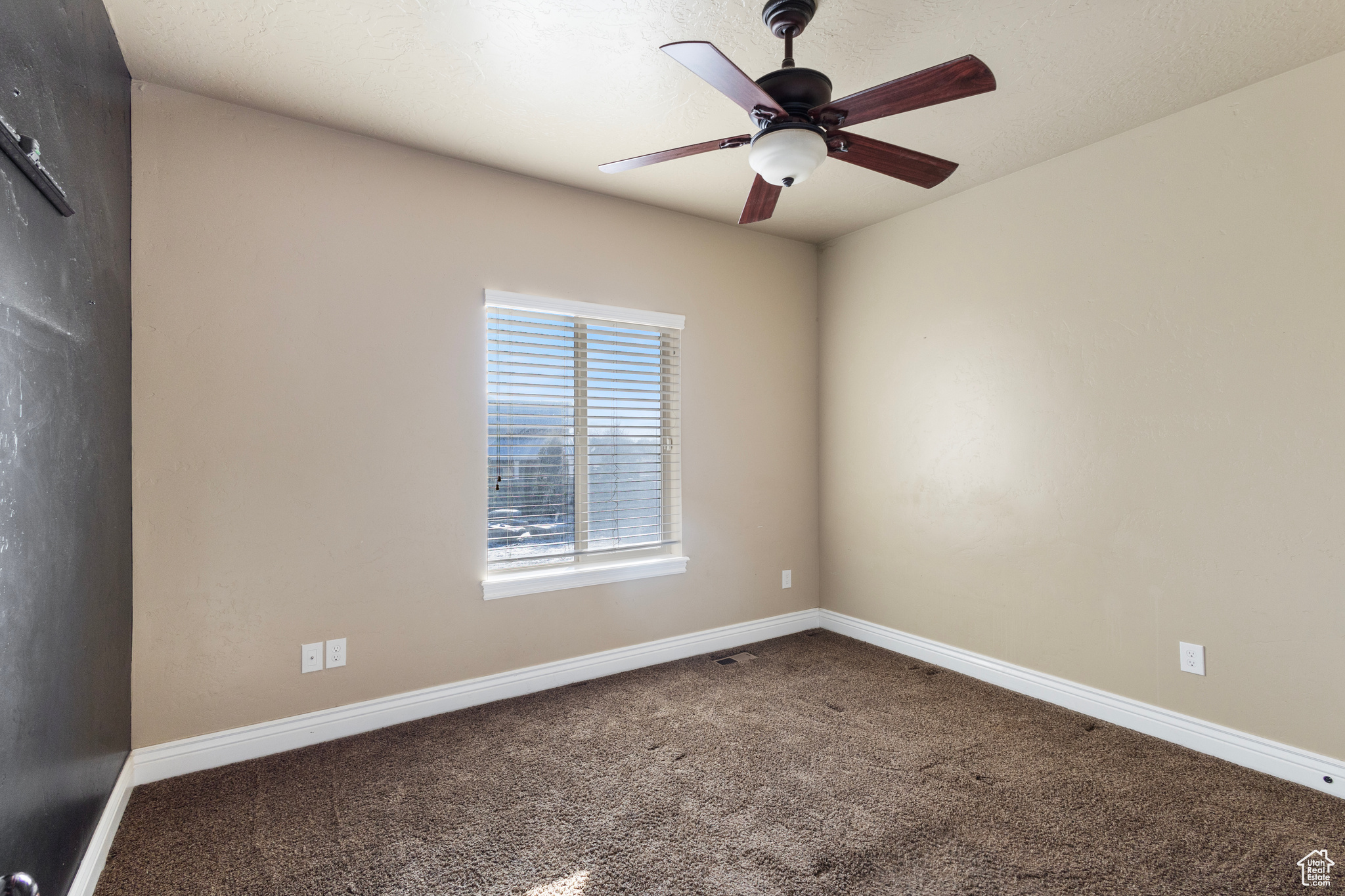 Carpeted spare room featuring ceiling fan