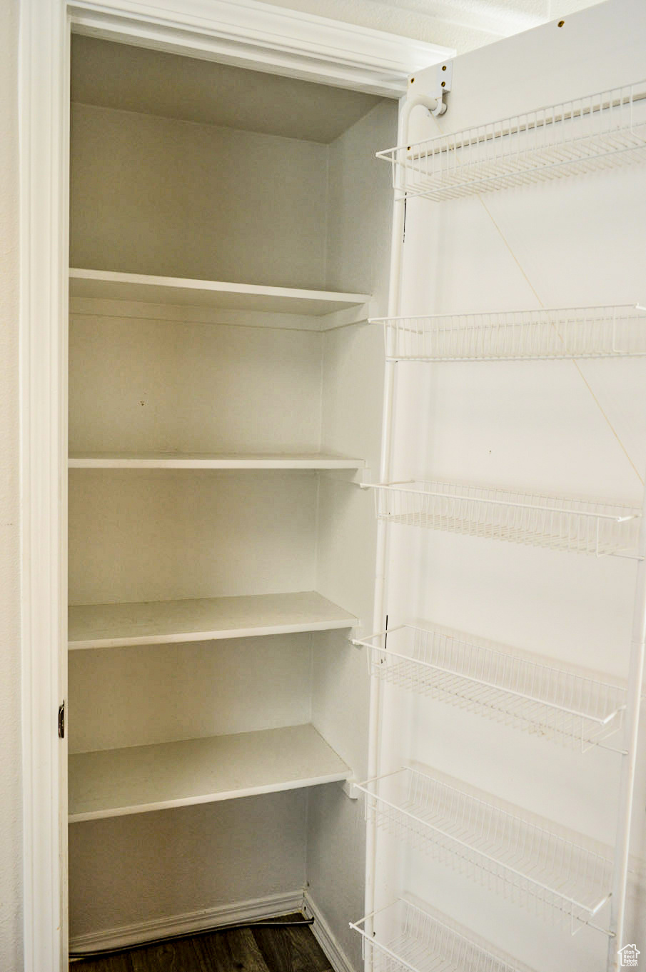 Kitchen pantry with wire shelving on the door