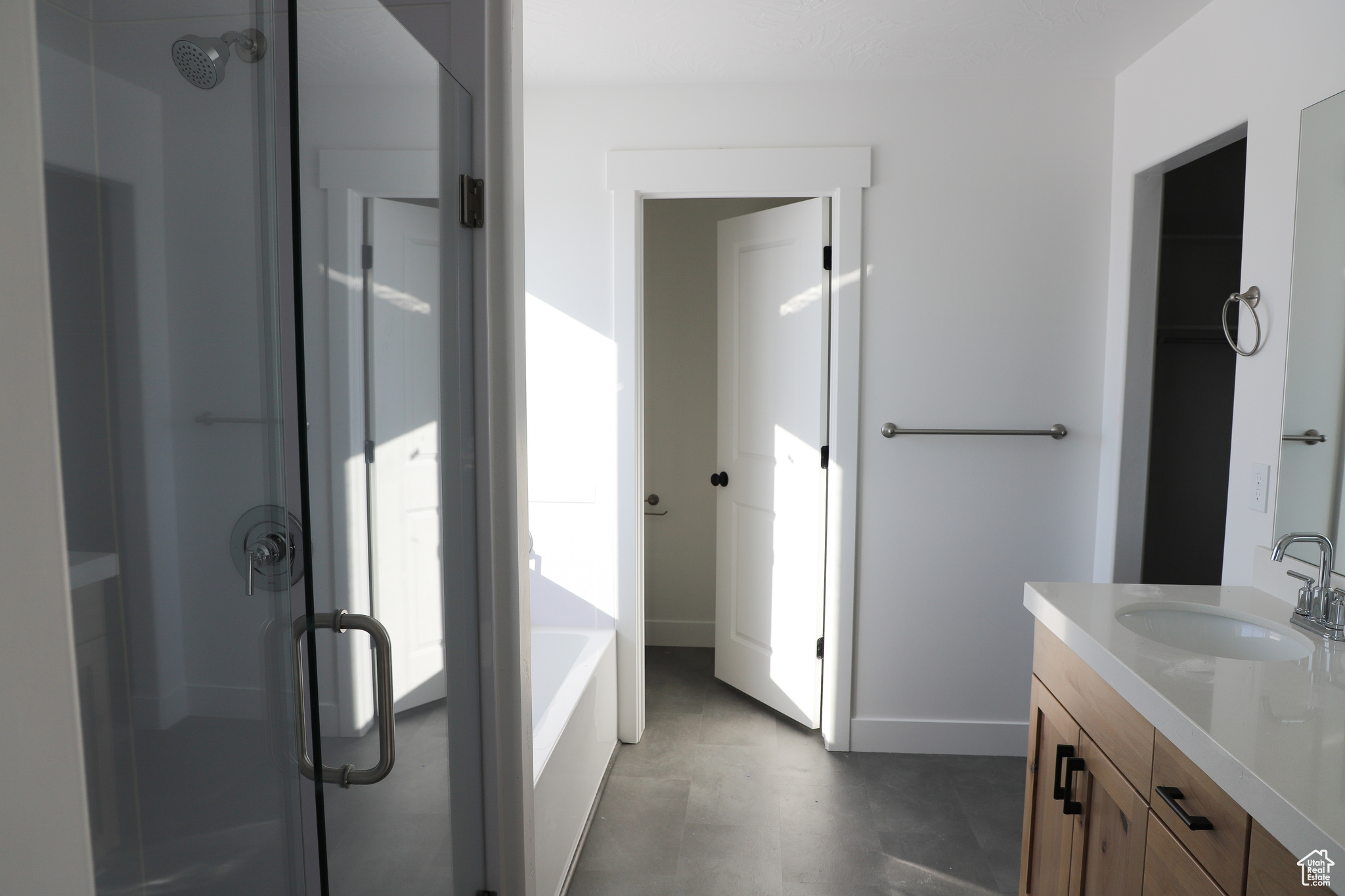 Bathroom with vanity and shower with separate bathtub