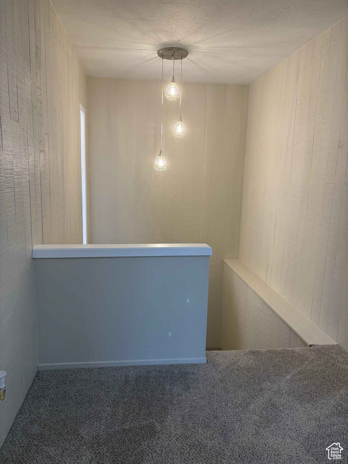 Empty room with wood walls and carpet