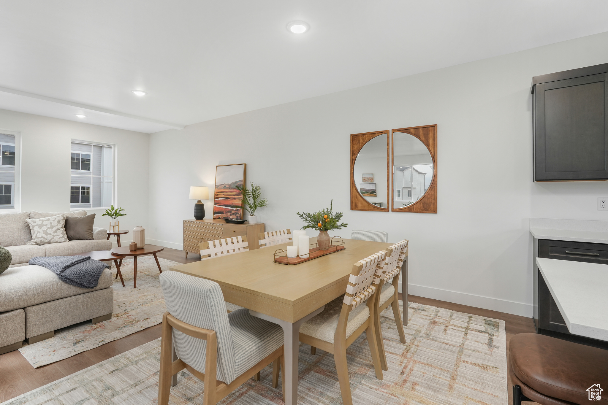 Dining area with light wood-type flooring
