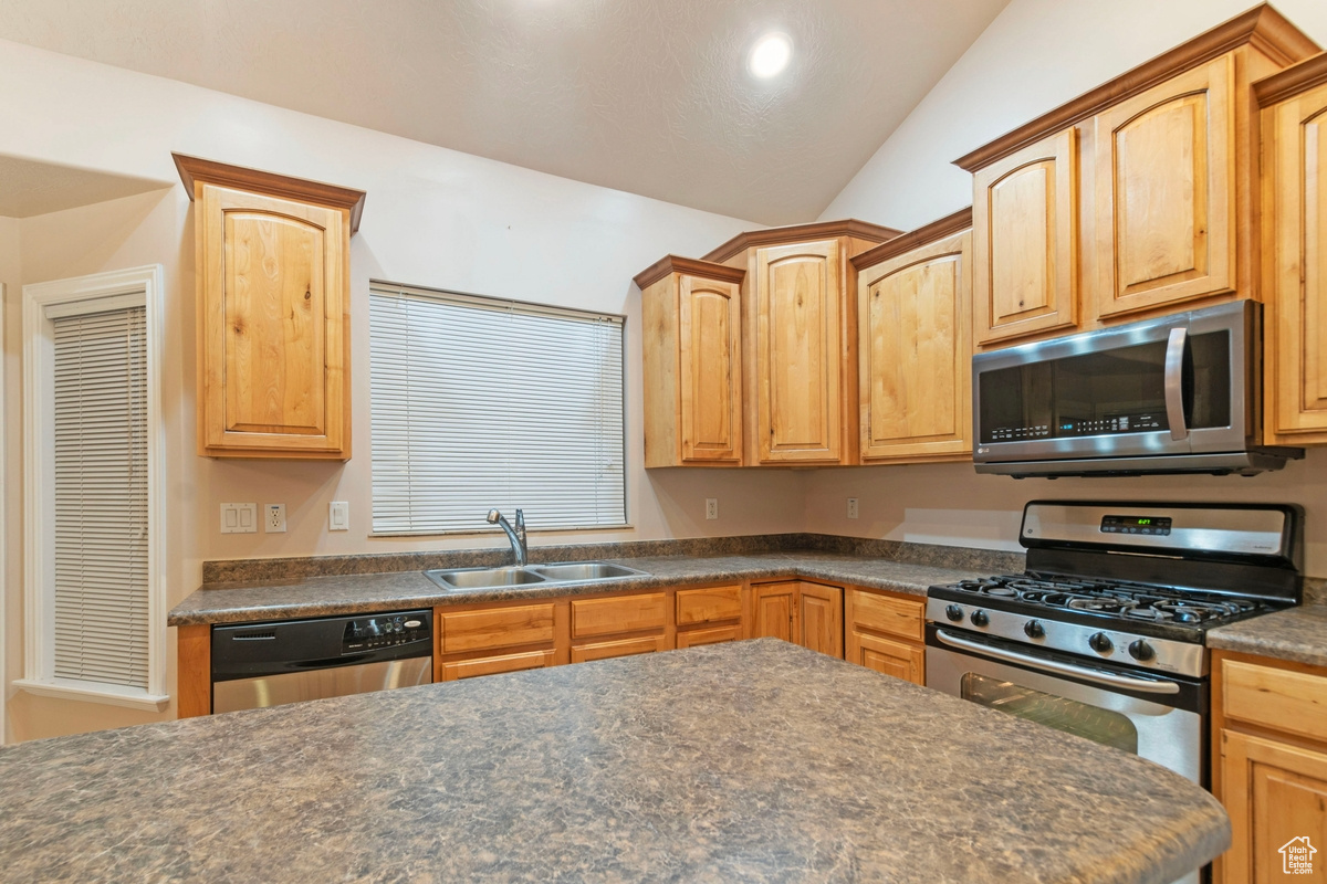 Kitchen with lofted ceiling, appliances with stainless steel finishes, and sink