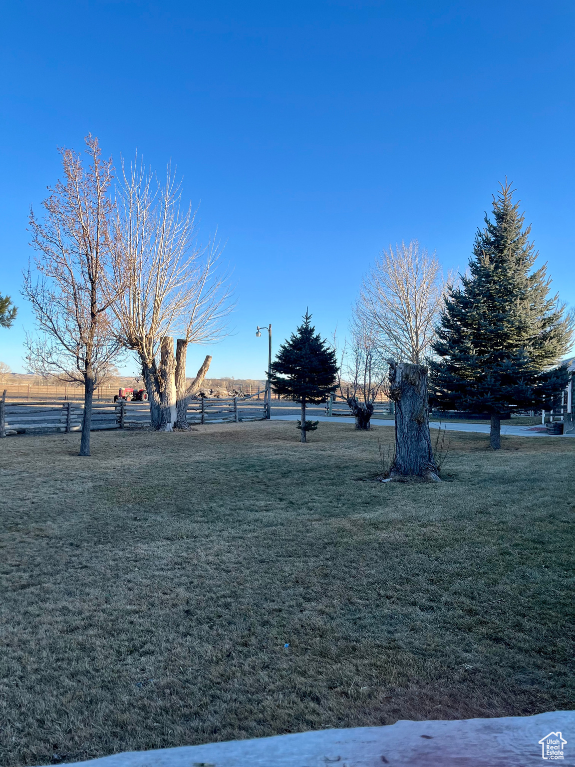 View of landscaped yard with many mature trees, also featuring a rural view of the land