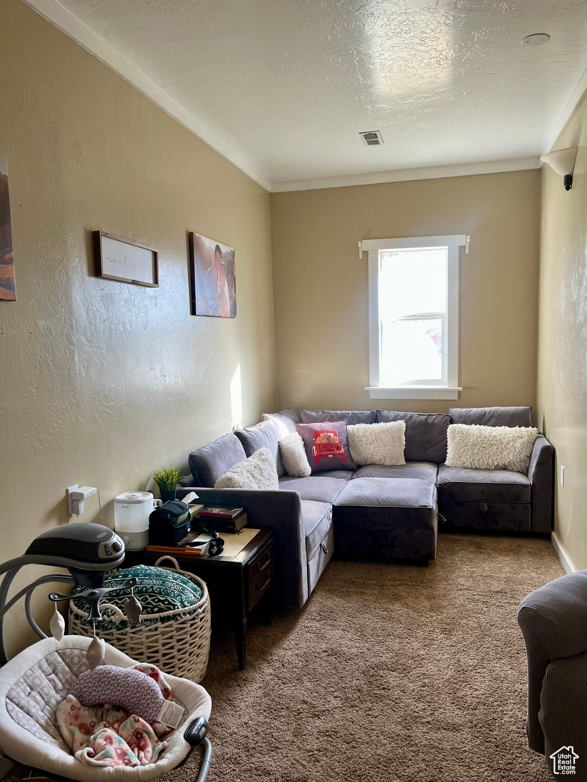 Living room featuring carpet floors, ornamental molding, and a textured ceiling
