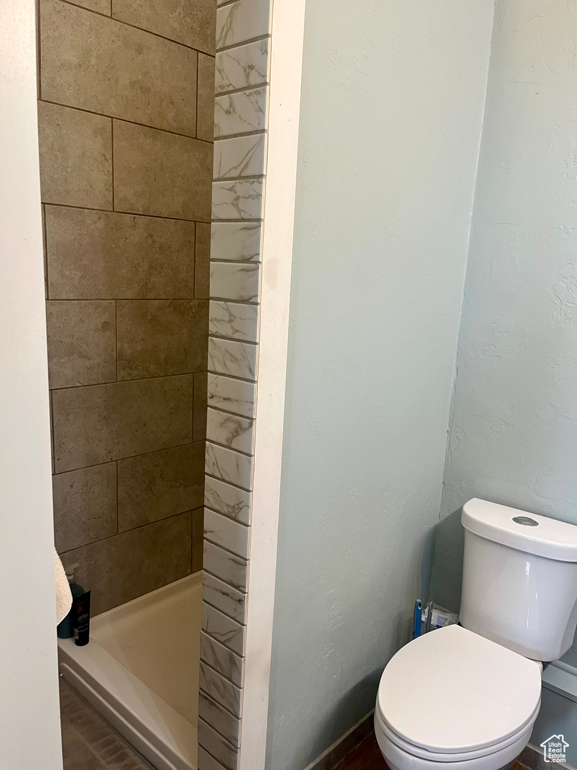 Bathroom with tiled shower and toilet
