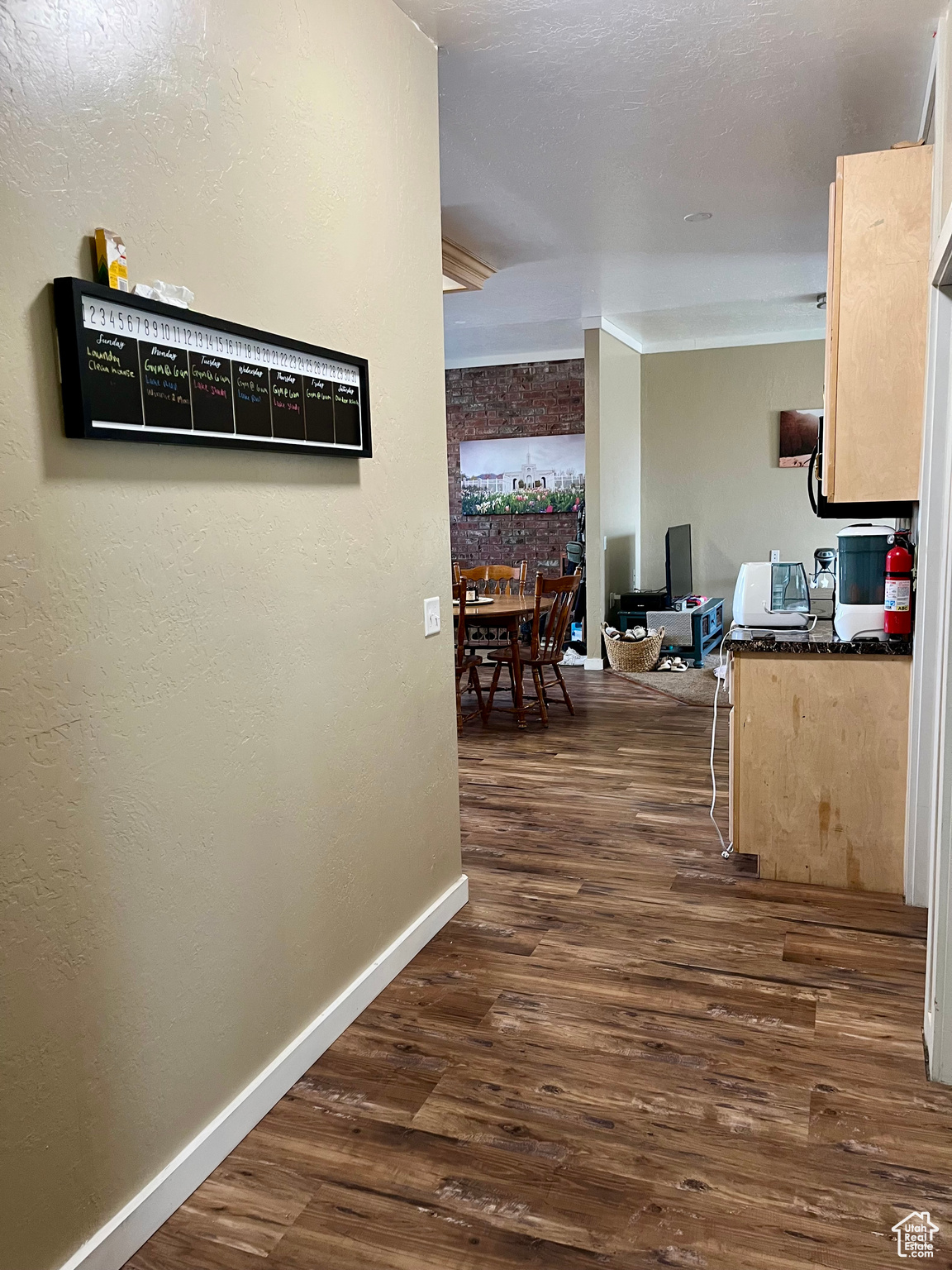 Hall featuring ornamental molding and dark hardwood / wood-style floors