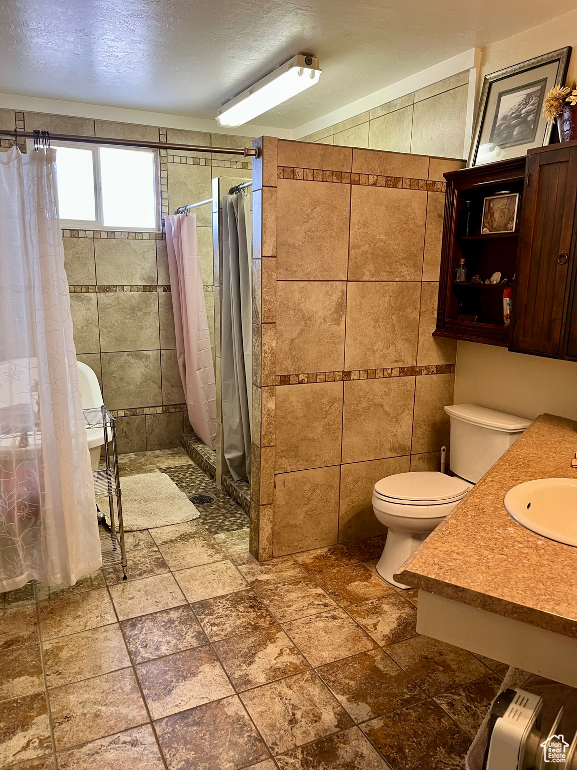 Bathroom featuring vanity, toilet, tile walls, and a shower with curtain