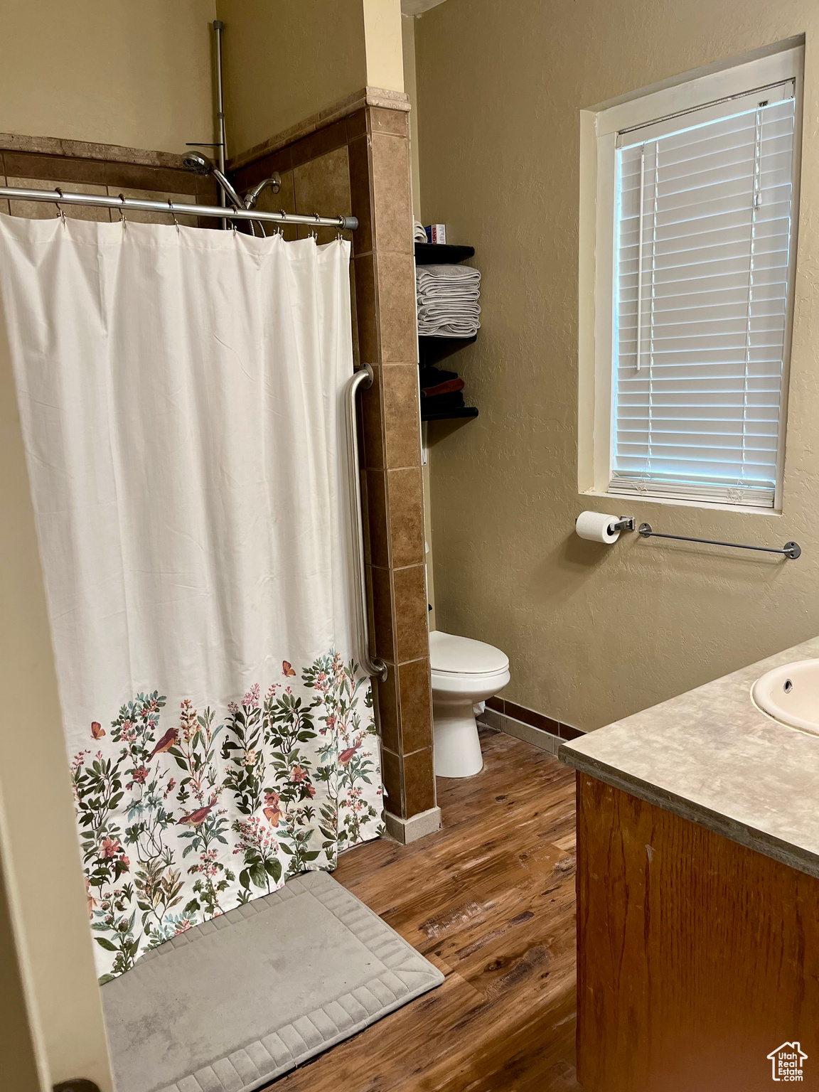 Bathroom featuring vanity, hardwood / wood-style floors, a shower with shower curtain, and toilet