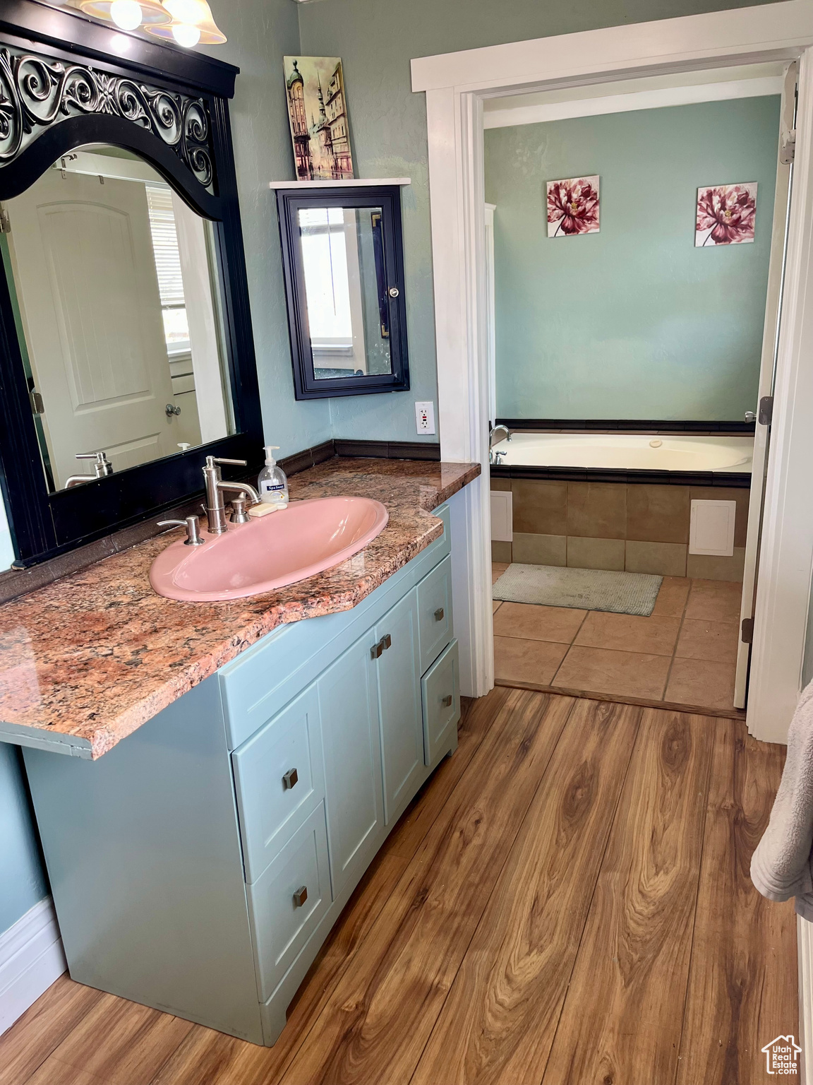 Bathroom with vanity, hardwood / wood-style flooring, and a tub