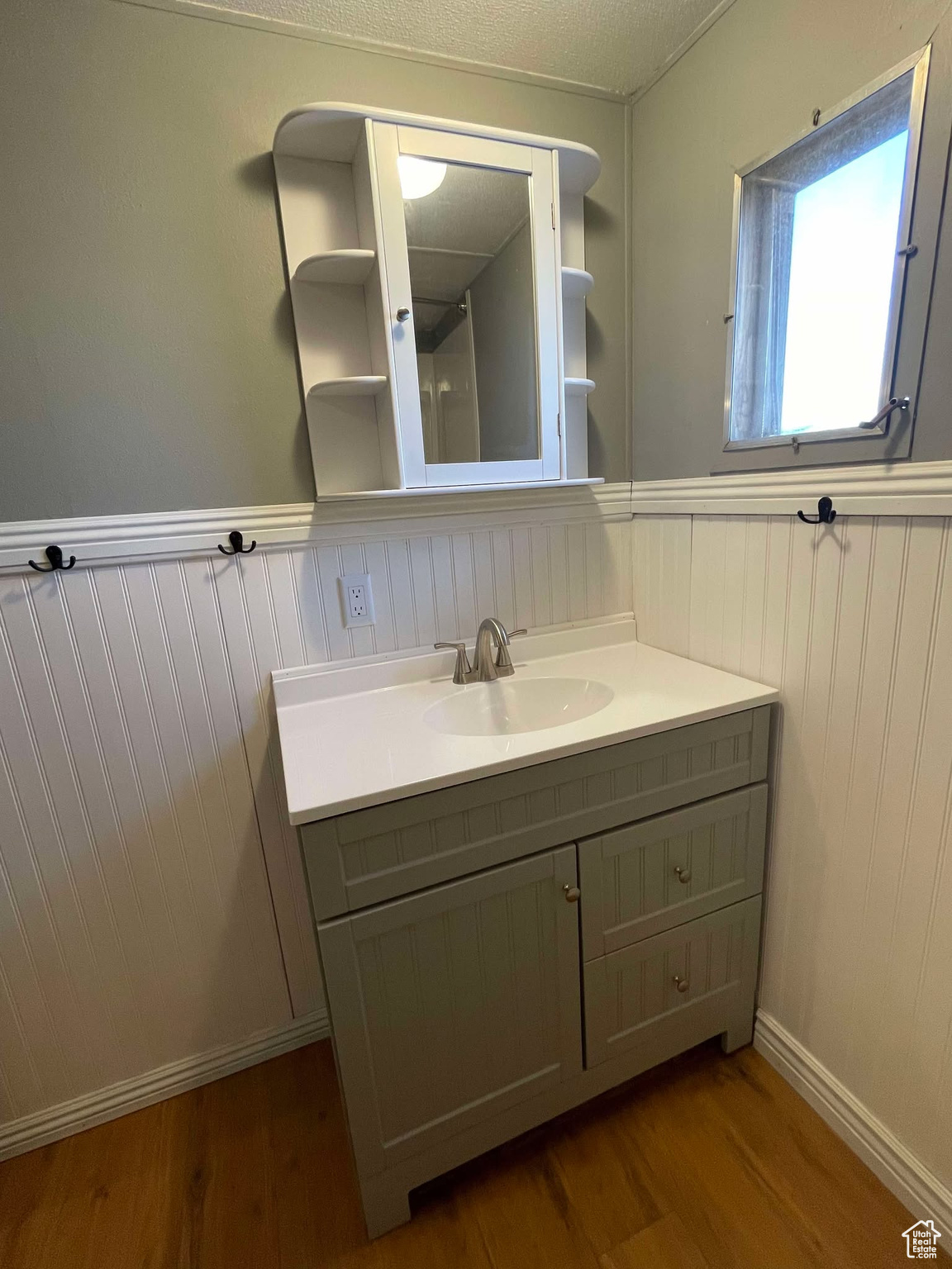 Bathroom with vanity and wood-type flooring