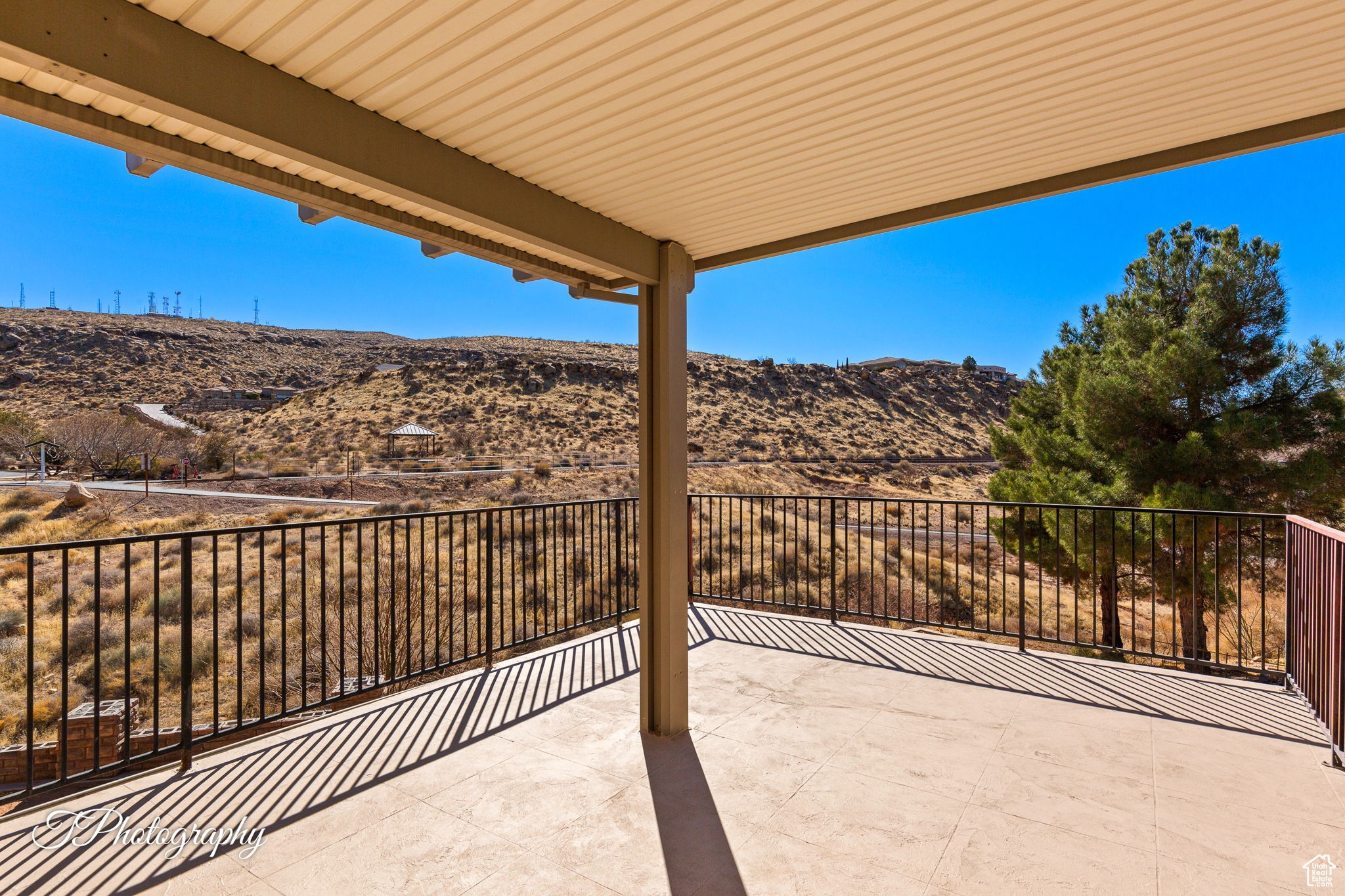 View of patio with a mountain view
