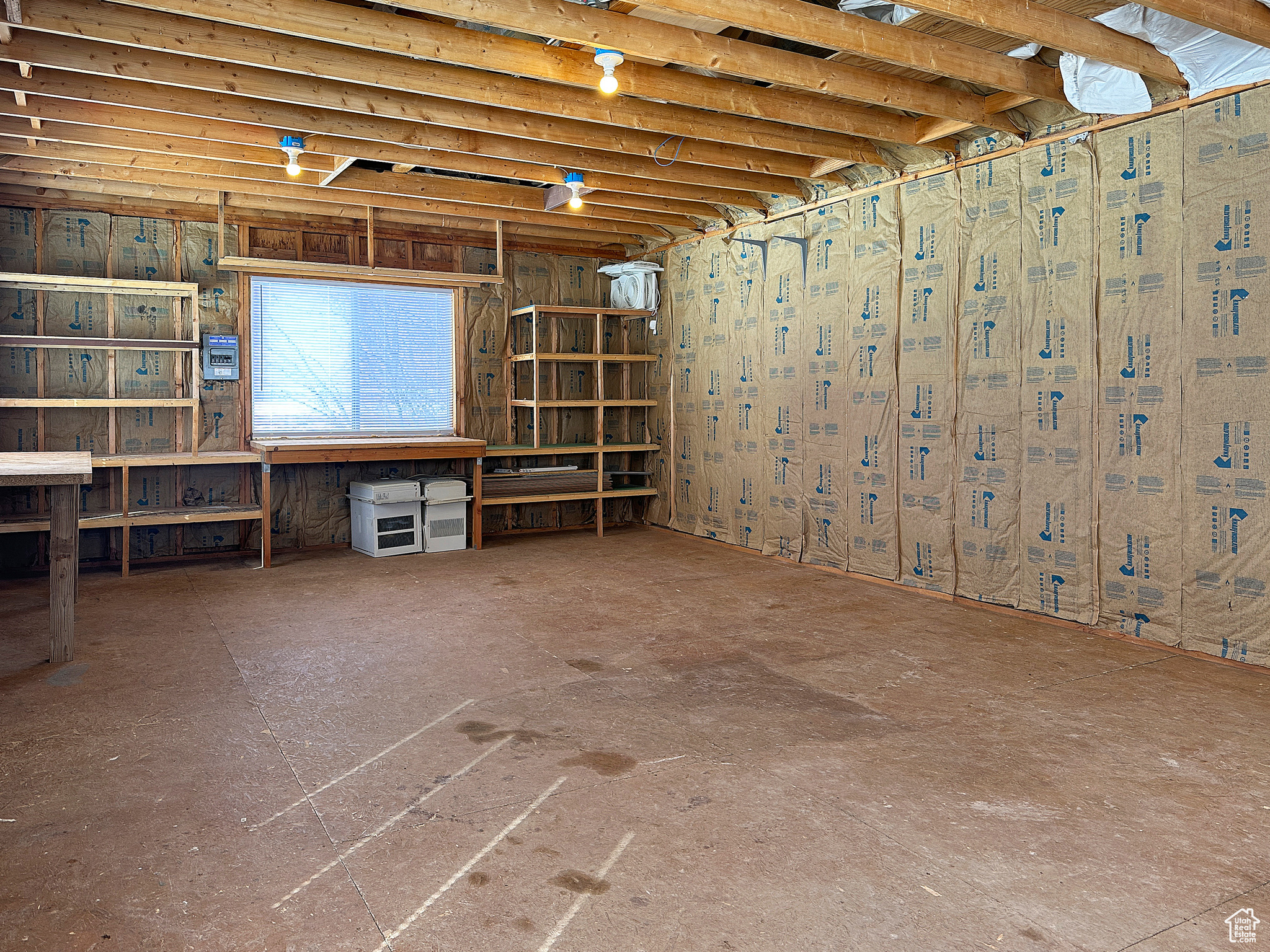 Basement with a workshop area