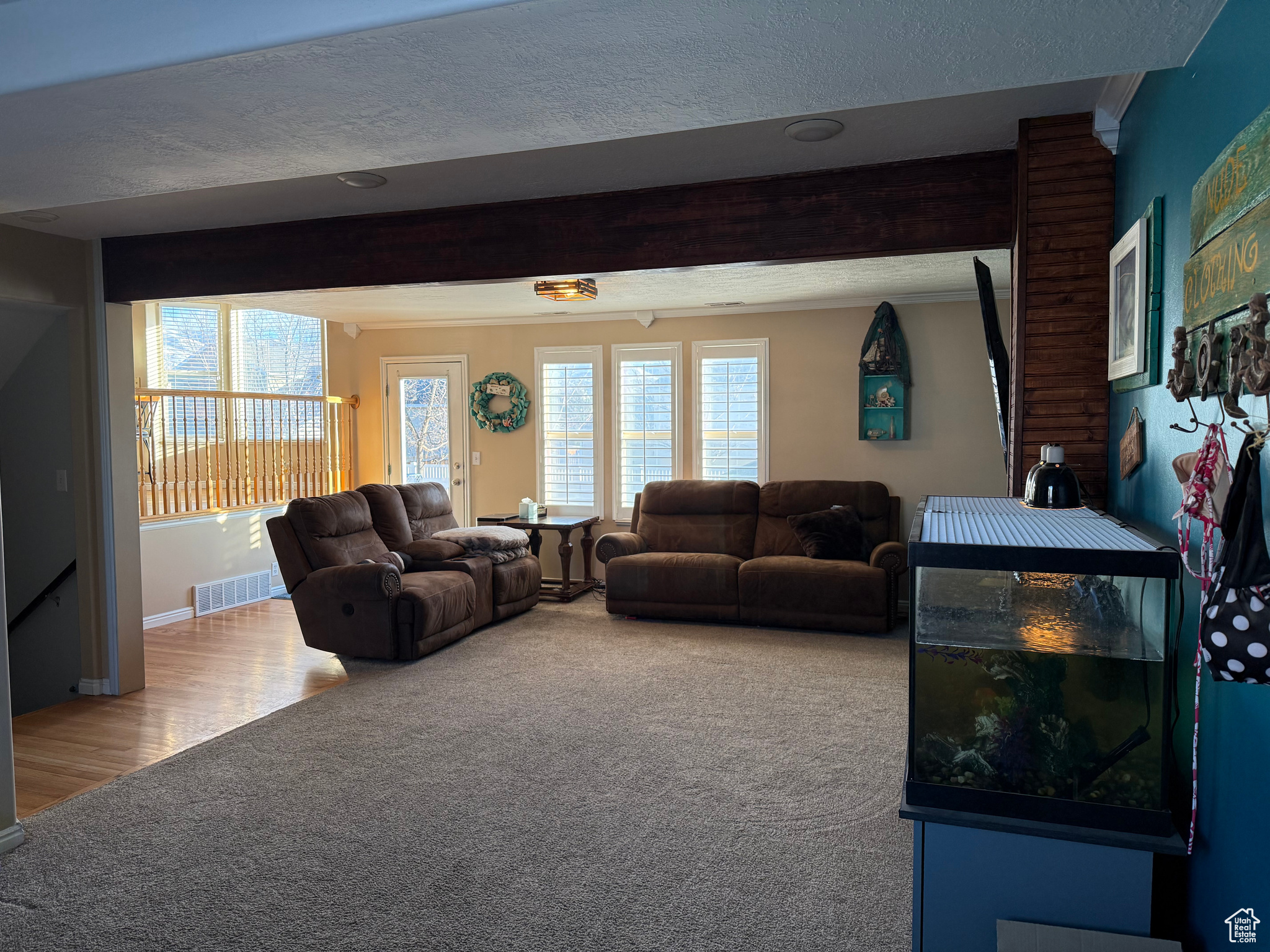 Living room featuring beam ceiling, plenty of natural light, a textured ceiling, and carpet