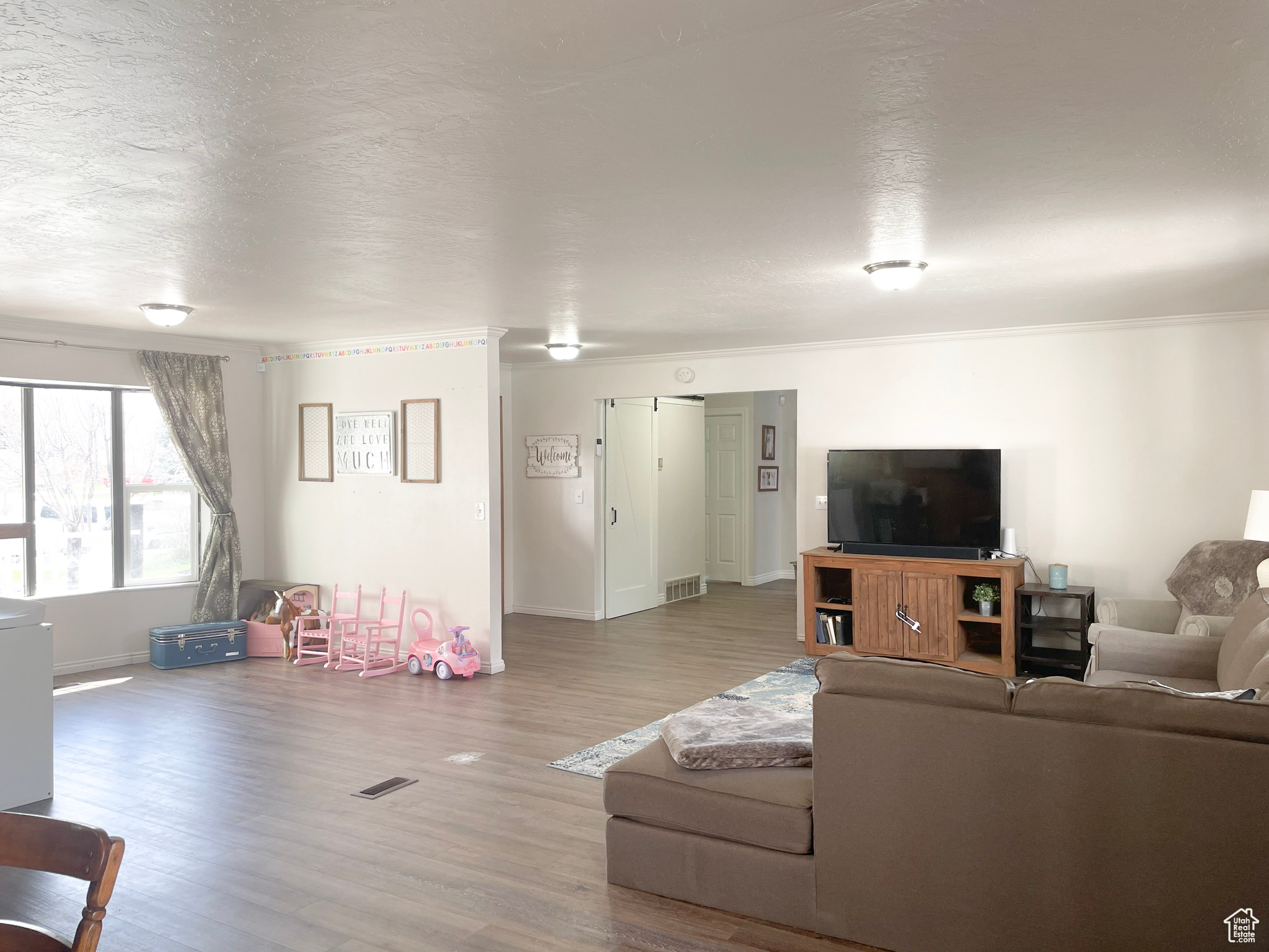 Living room with wood-type flooring and a textured ceiling